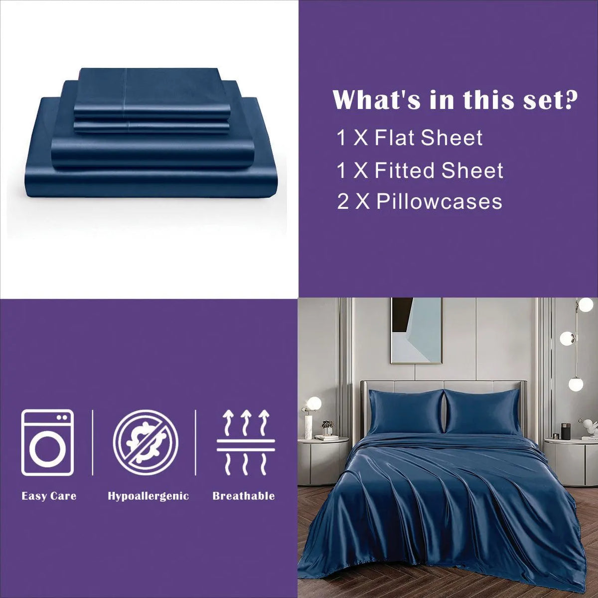Art Silk Satin Sheet Set Hotel 4 Pieces Fitted/Flat Sheet Bedding Set-Luxury Soft Silky Sheets for Hair and Skin, Similar to Silk Bed Sheets Set 4 Pieces(Queen,Navy) - Image 6