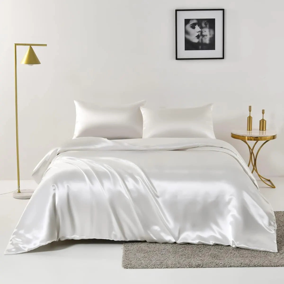 Satin Quilt cover Set Hotel 3 Pieces Quilt cover with Pillowcase, Art Silk Bedding Set-Luxury Soft Silky pillowcase for Hair and Skin, Similar to Silk Duvet/Donna Cover Set- 3 Pieces(Super King,White)