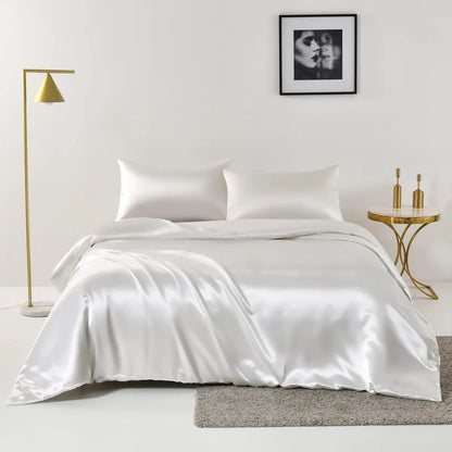 Satin Quilt cover Set Hotel 3 Pieces Quilt cover with Pillowcase, Art Silk Bedding Set-Luxury Soft Silky pillowcase for Hair and Skin, Similar to Silk Duvet/Donna Cover Set- 3 Pieces(Super King,White)
