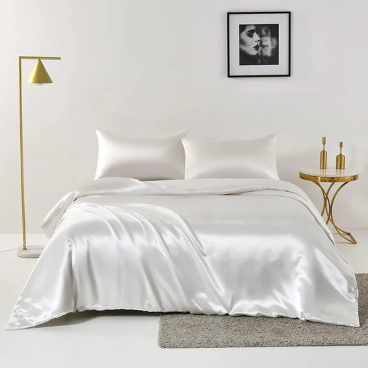 Satin Quilt cover Set Hotel 3 Pieces Quilt cover with Pillowcase, Art Silk Bedding Set-Luxury Soft Silky pillowcase for Hair and Skin, Similar to Silk Duvet/Donna Cover Set- 3 Pieces(Super King,White)