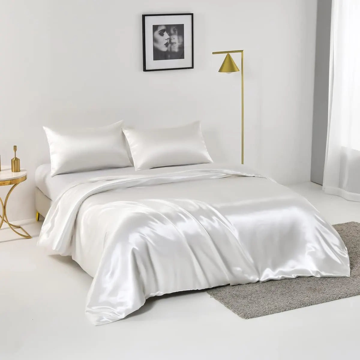 Satin Quilt cover Set Hotel 3 Pieces Quilt cover with Pillowcase, Art Silk Bedding Set-Luxury Soft Silky pillowcase for Hair and Skin, Similar to Silk Duvet/Donna Cover Set- 3 Pieces(Super King,White) - Image 2