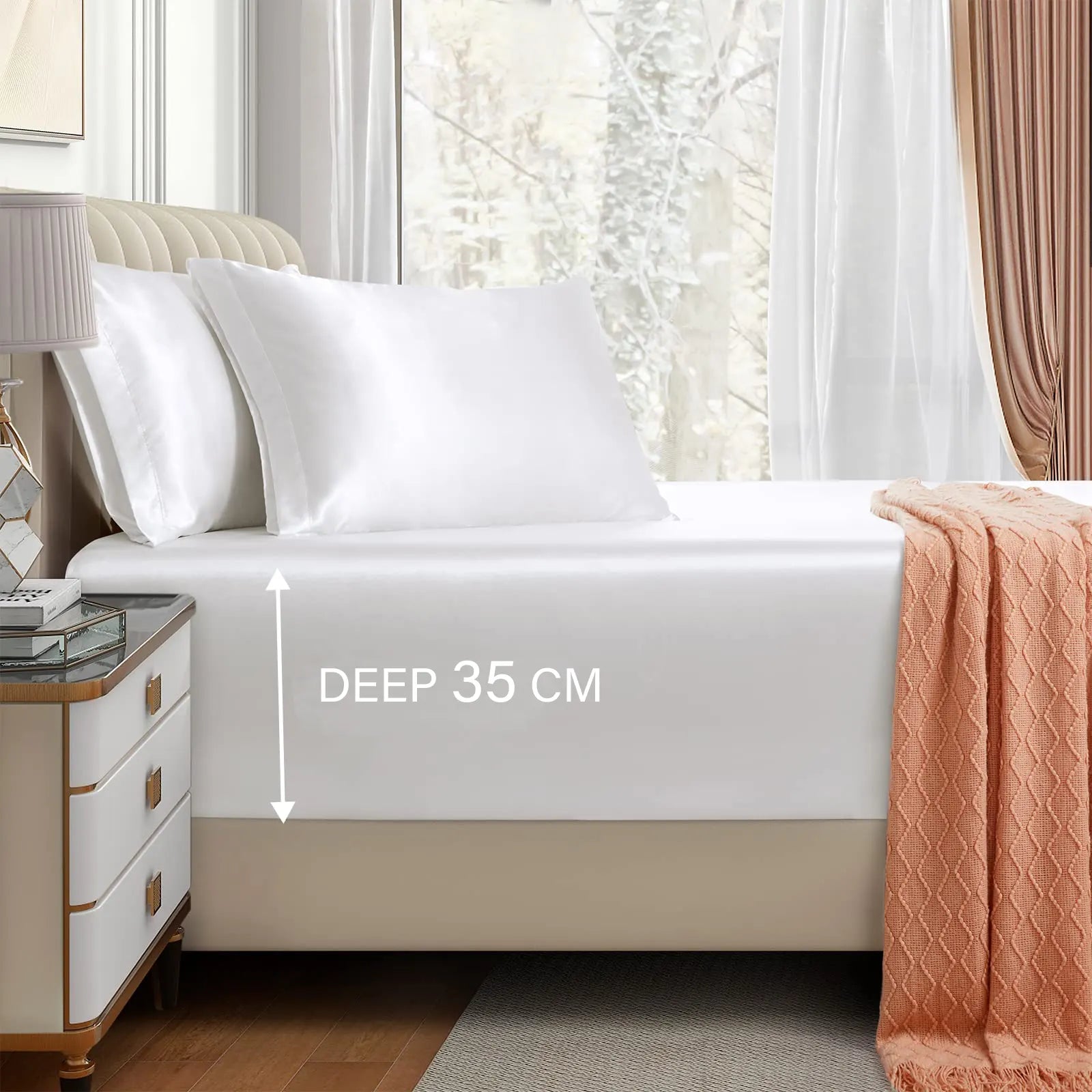 Satin Fitted Sheet Set Hotel 3 Pieces Fitted Sheet with Pillowcase, Art Silk Bedding Set-Luxury Soft Silky Sheets for Hair and Skin, Similar to Silk Fitted Sheets Set 3 Pieces(Super King,White)