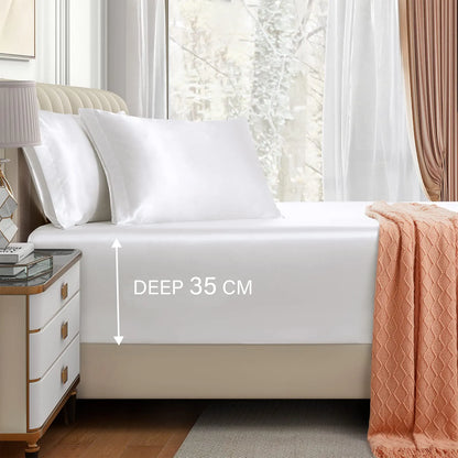 Satin Fitted Sheet Set Hotel 3 Pieces Fitted Sheet with Pillowcase, Art Silk Bedding Set-Luxury Soft Silky Sheets for Hair and Skin, Similar to Silk Fitted Sheets Set 3 Pieces(Super King,White)