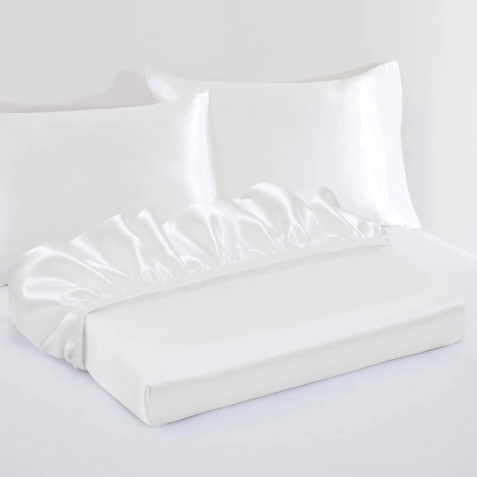 Satin Fitted Sheet Set Hotel 3 Pieces Fitted Sheet with Pillowcase, Art Silk Bedding Set-Luxury Soft Silky Sheets for Hair and Skin, Similar to Silk Fitted Sheets Set 3 Pieces(Super King,White) - Image 2