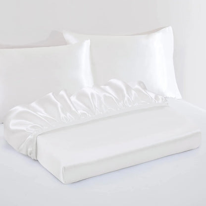 Satin Fitted Sheet Set Hotel 3 Pieces Fitted Sheet with Pillowcase, Art Silk Bedding Set-Luxury Soft Silky Sheets for Hair and Skin, Similar to Silk Fitted Sheets Set 3 Pieces(Super King,White) - Image 2