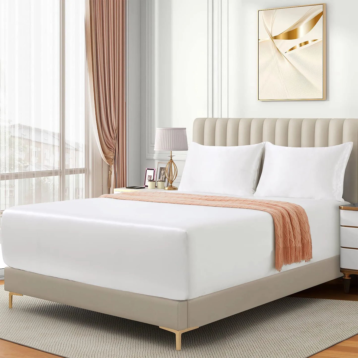 Satin Fitted Sheet Set Hotel 3 Pieces Fitted Sheet with Pillowcase, Art Silk Bedding Set-Luxury Soft Silky Sheets for Hair and Skin, Similar to Silk Fitted Sheets Set 3 Pieces(Super King,White) - Image 3