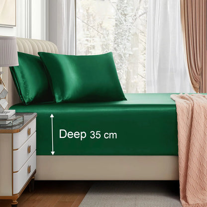 Satin Fitted Sheet Set Hotel 3 Pieces Fitted Sheet with Pillowcase, Art Silk Bedding Set-Luxury Soft Silky Sheets for Hair and Skin, Similar to Silk Fitted Sheets Set 3 Pieces(Super King,Green)