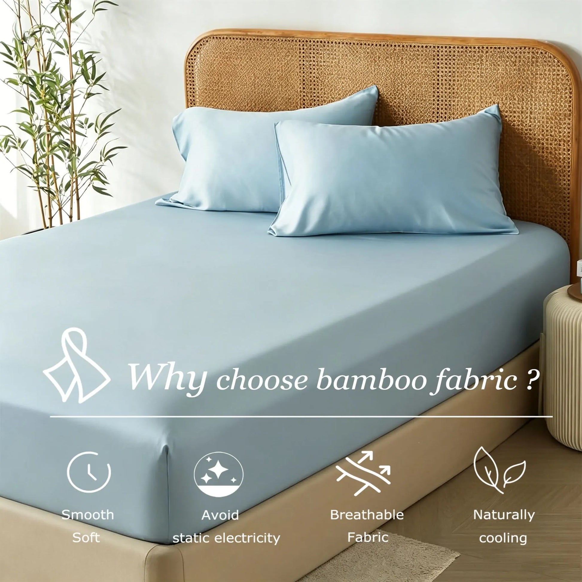 3 Piece Hotel Bamboo Cooling Fitted Sheet Set & Pillowcase -Ultra Soft 2000TC Breathable Fitted Bed Sheets Set with 37 Centimetre Deep Pocket-Cooling Sheets for Hot Sleepers(Sky Blue,Double) - Image 3