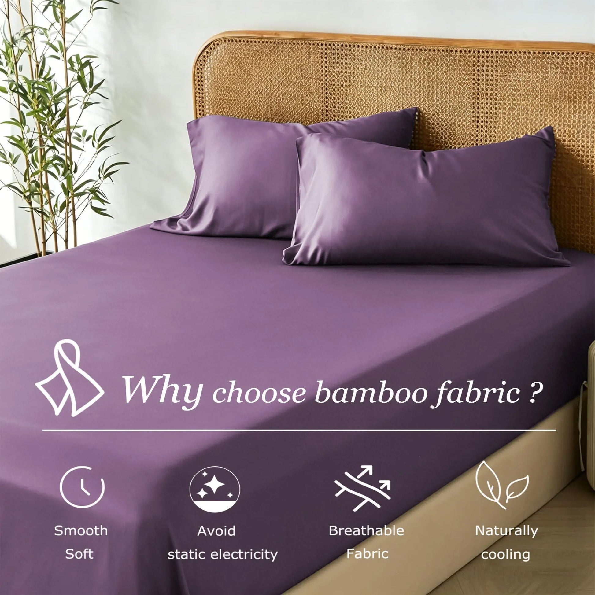 3 Piece Hotel Bamboo Cooling Fitted Sheet Set & Pillowcase -Ultra Soft 2000TC Breathable Fitted Bed Sheets Set with 37 Centimetre Deep Pocket-Cooling Sheets for Hot Sleepers(Purple,Double) - Image 2