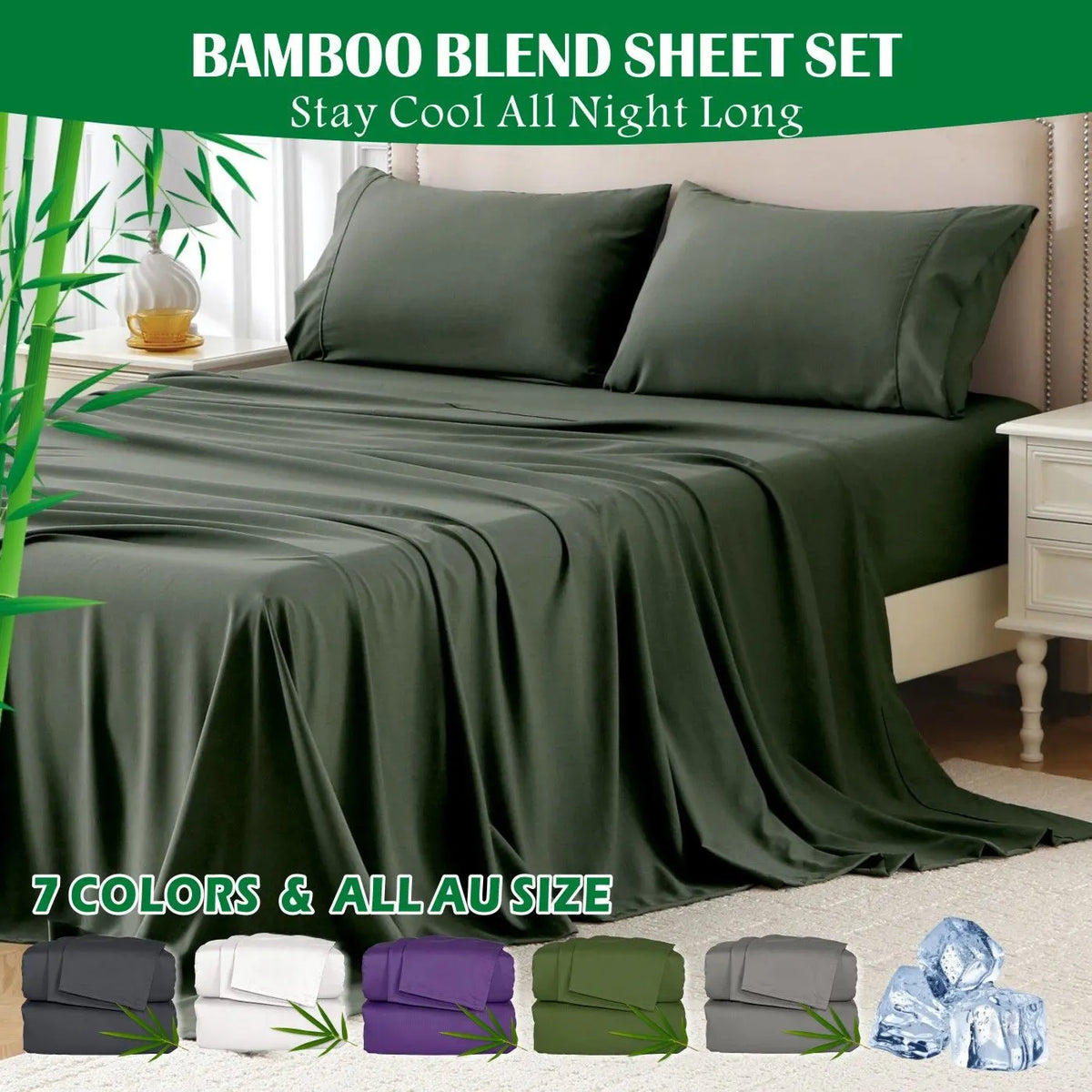 4 Piece Hotel Bamboo Cooling Sheet Set -Ultra Soft 2000TC Breathable Bed Sheets Set with 37 Centimetre Deep Pocket-Cooling Sheets for Hot Sleepers(Olive green,Double)