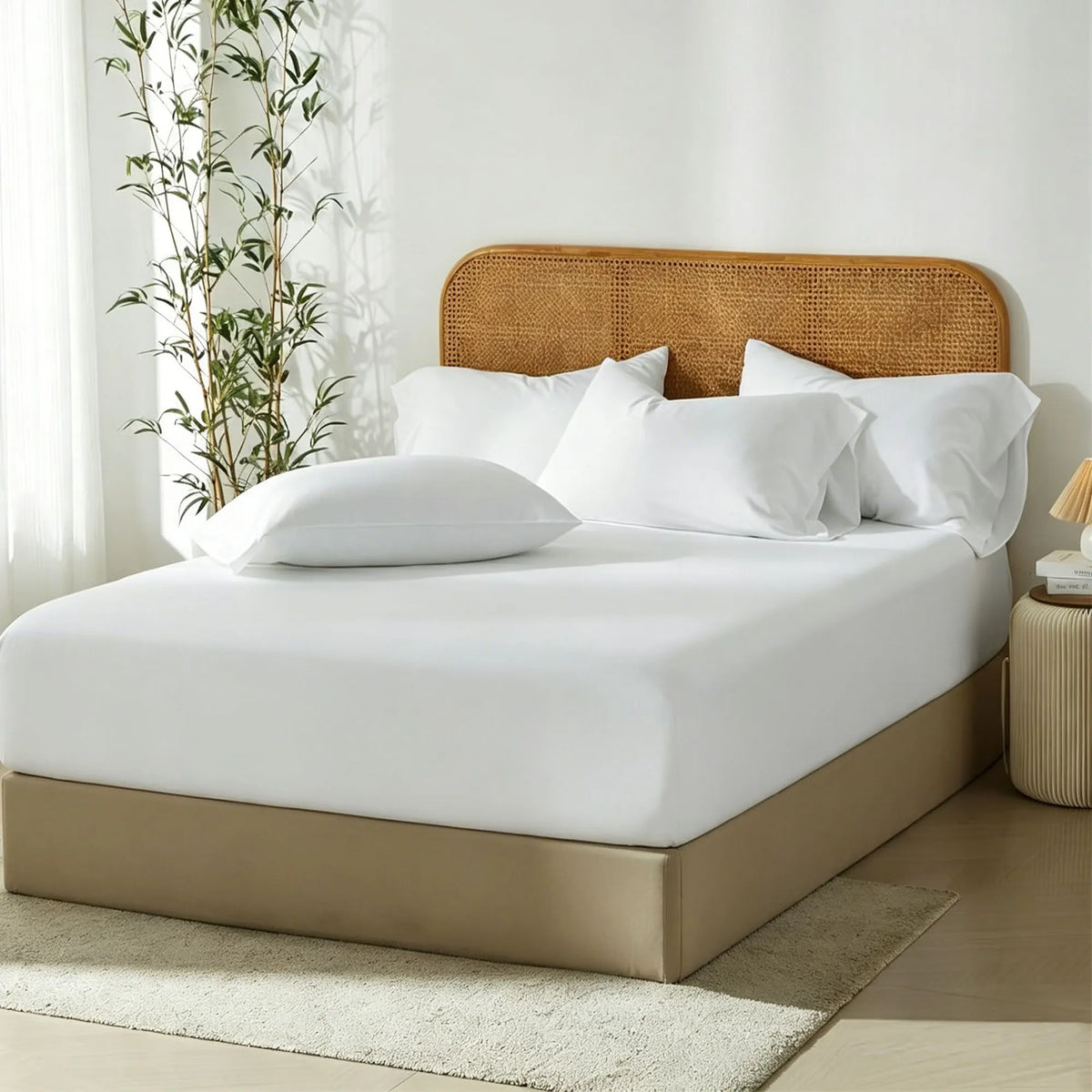 3 Piece Hotel Bamboo Cooling Fitted Sheet Set & Pillowcase -Ultra Soft 2000TC Breathable Fitted Bed Sheets Set with 37 Centimetre Deep Pocket-Cooling Sheets for Hot Sleepers(White,King)