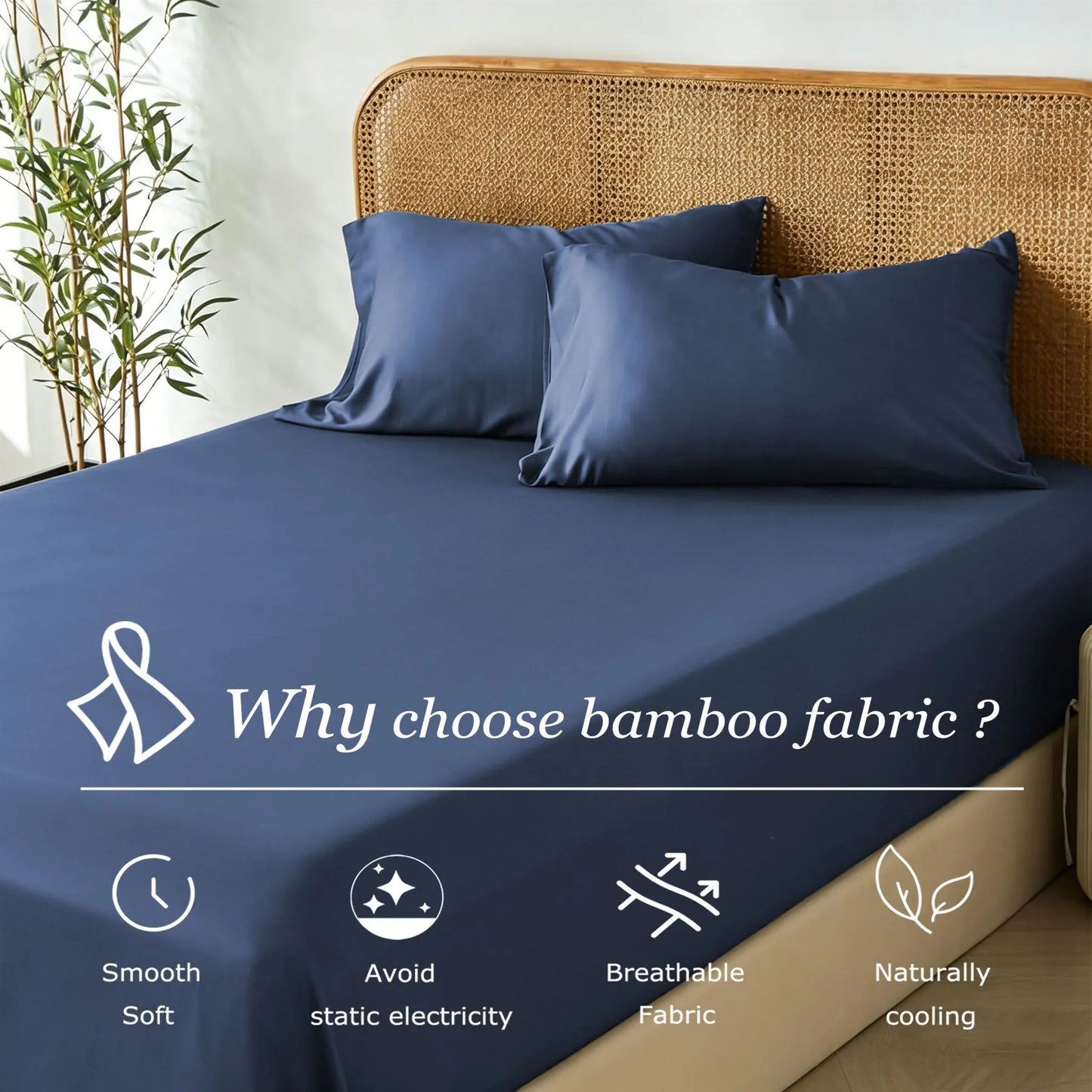 3 Piece Hotel Bamboo Cooling Fitted Sheet Set & Pillowcase -Ultra Soft 2000TC Breathable Fitted Bed Sheets Set with 37 Centimetre Deep Pocket-Cooling Sheets for Hot Sleepers(Navy,Queen) - Image 3