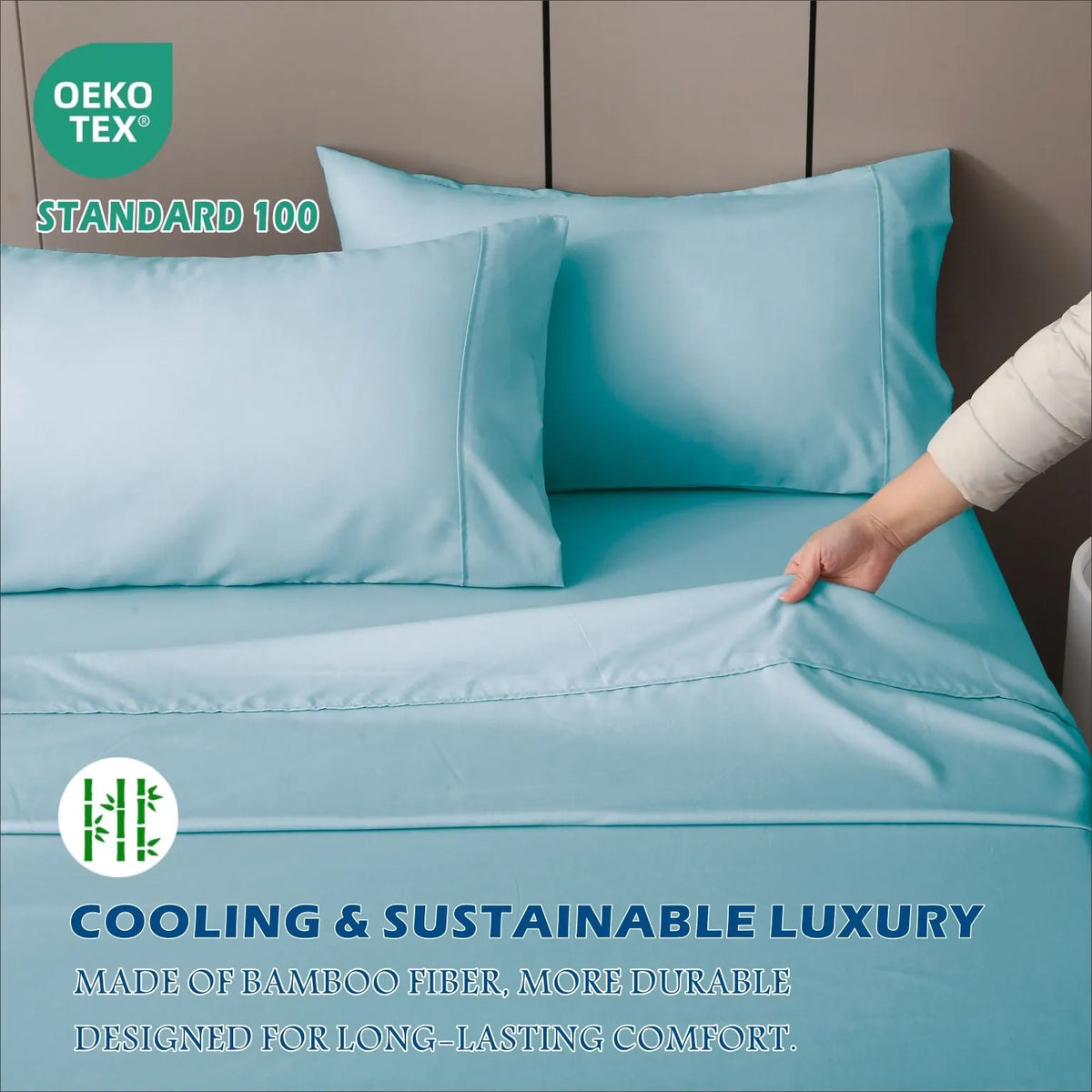 4 Piece Hotel Bamboo Cooling Sheet Set -Ultra Soft 2000TC Breathable Bed Sheets Set with 37 Centimetre Deep Pocket-Cooling Sheets for Hot Sleepers(Sky Blue,Queen) - Image 6
