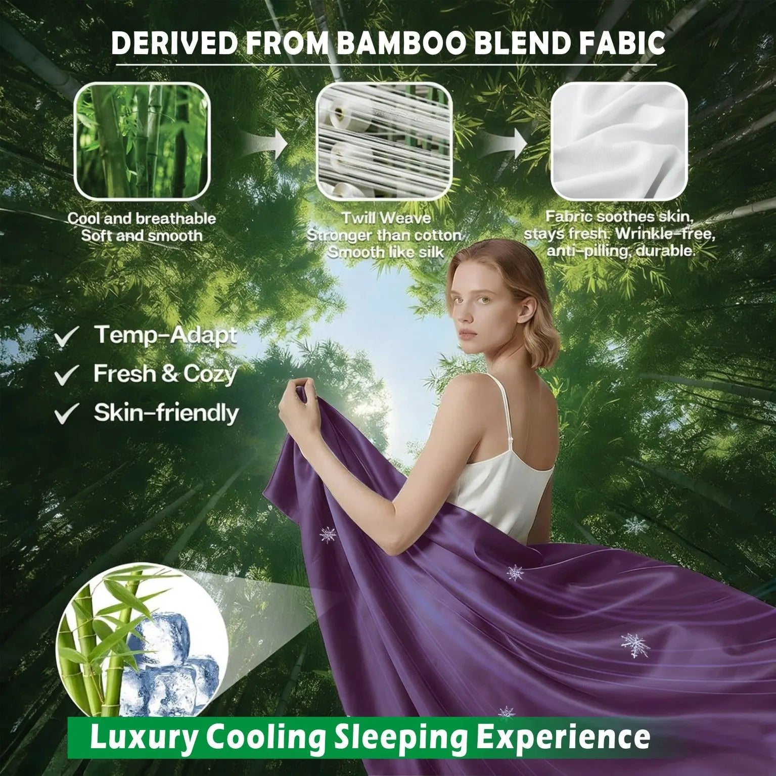 3 Piece Hotel Bamboo Cooling Sheet Set -Ultra Soft 2000TC Breathable Bed Sheets Set with 37 Centimetre Deep Pocket-Cooling Sheets for Hot Sleepers(Purple,Single) - Image 3