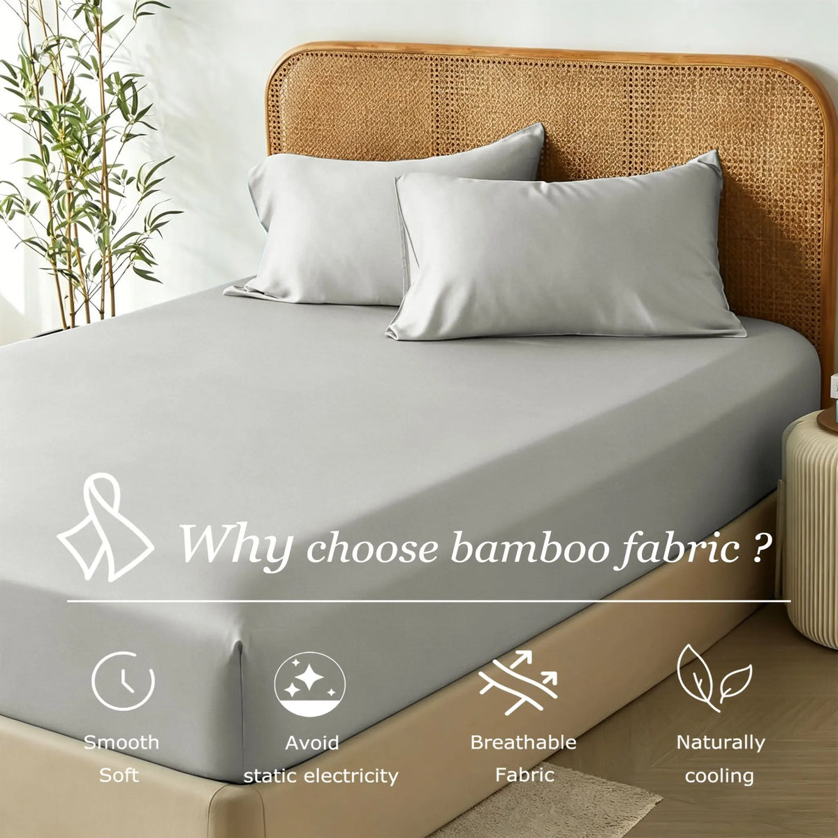 3 Piece Hotel Bamboo Cooling Fitted Sheet Set & Pillowcase -Ultra Soft 2000TC Breathable Fitted Bed Sheets Set with 37 Centimetre Deep Pocket-Cooling Sheets for Hot Sleepers(Silver-gray,Super King) - Image 2