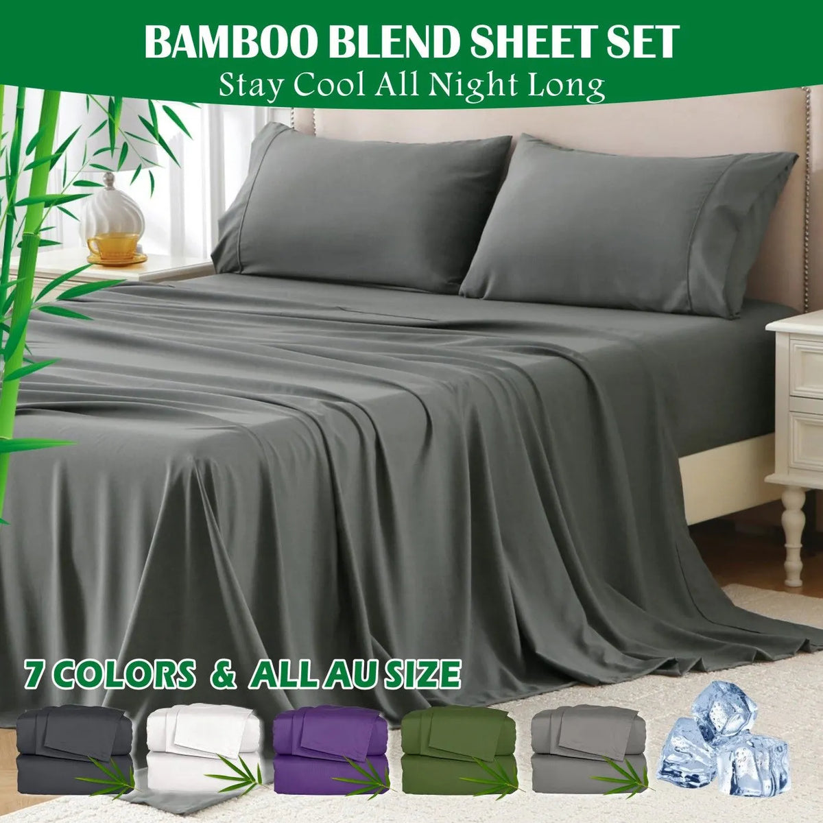4 Piece Hotel Bamboo Cooling Sheet Set -Ultra Soft 2000TC Breathable Bed Sheets Set with 37 Centimetre Deep Pocket-Cooling Sheets for Hot Sleepers(Grey,Super King)