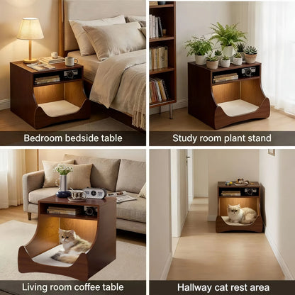 Bedside Table with Wireless Charging Station,LED Nightstand with Open Storage Drawers for Small Cats and Dogs Bed, Cozy Home for Living Room, Bedroom, Office, Sofa Side - Image 2