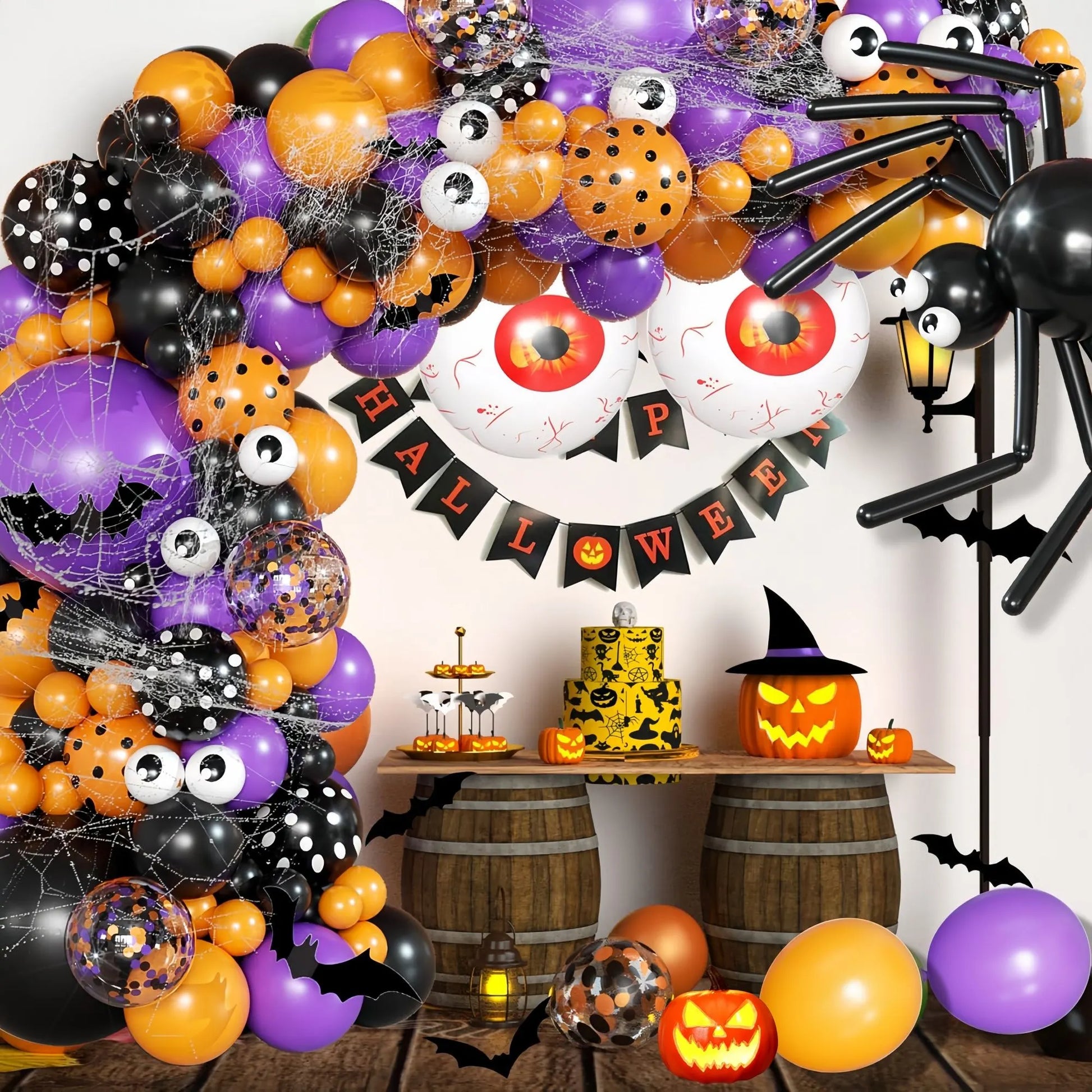 Halloween Decoration Set – Light-Up Pumpkin Lamp,128 Pcs Halloween Party Balloon Garland Arch Kit & Hand Pump for Indoor Outdoor Halloween Porch,Fireplace Funny Decor - Image 2
