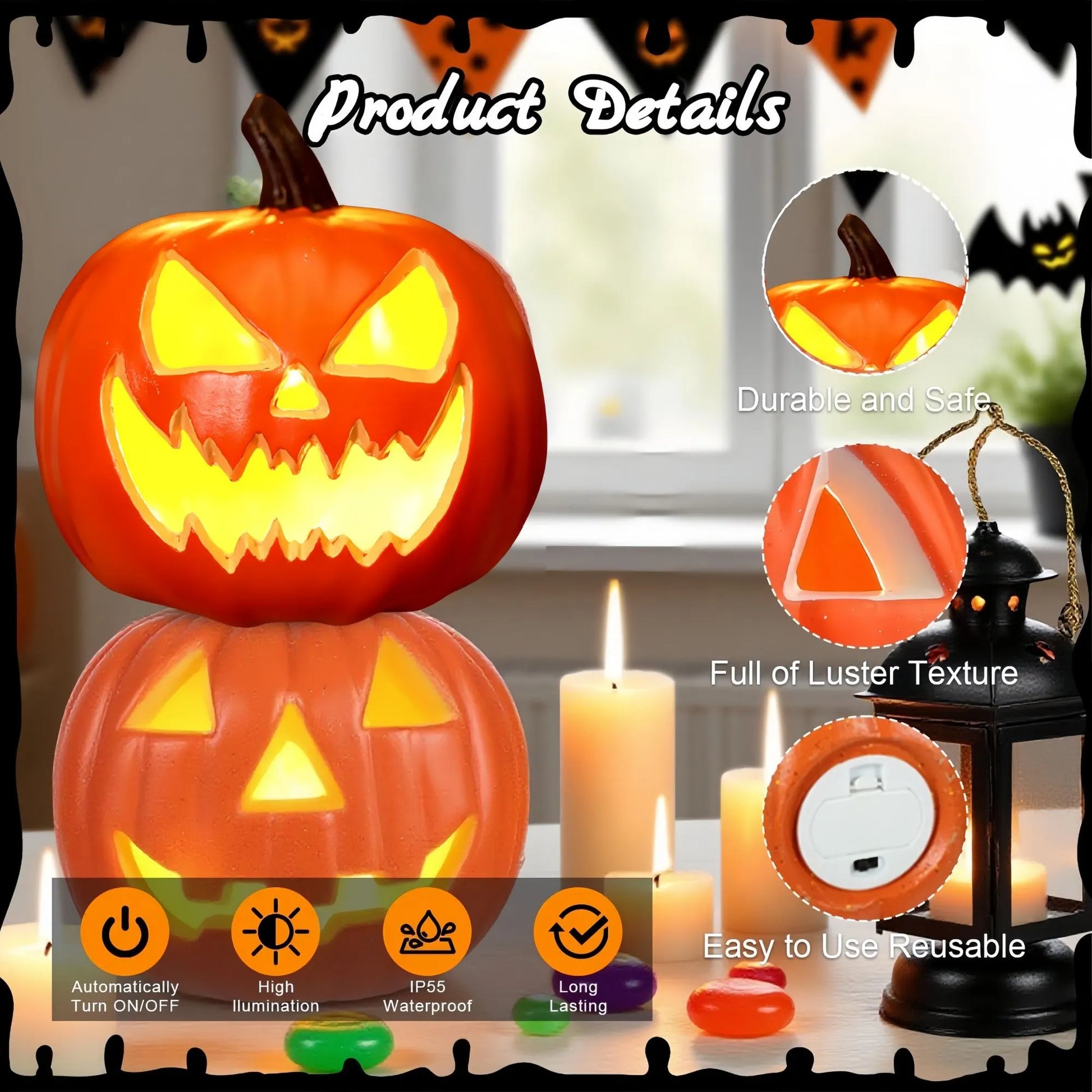 Halloween Decoration Set – Light-Up Pumpkin Lamp,128 Pcs Halloween Party Balloon Garland Arch Kit & Hand Pump for Indoor Outdoor Halloween Porch,Fireplace Funny Decor - Image 3