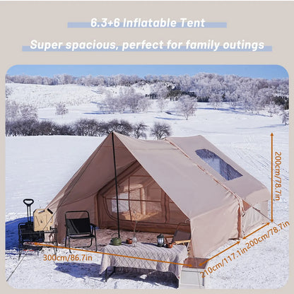 Inflatable Camping Tent with Canopy, Easy Setup Large 4-6 Person Family Waterproof Air Tent, Heavy Duty Cabin Glamping Hiking Blow up Tent with Awning Extension Porch & Air Pump -Khaki - Image 2