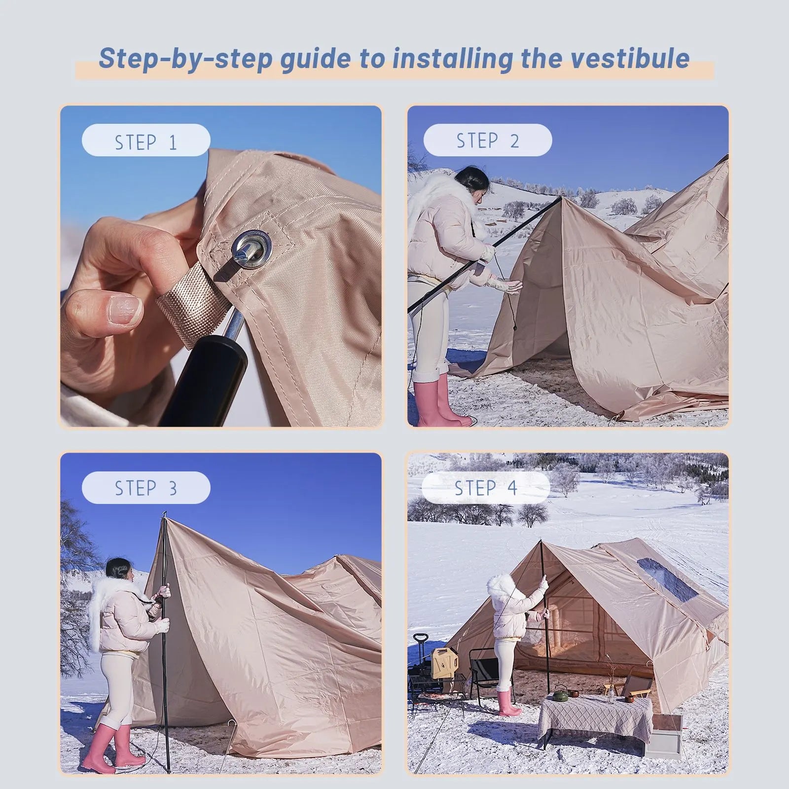 Inflatable Camping Tent with Canopy, Easy Setup Large 4-6 Person Family Waterproof Air Tent, Heavy Duty Cabin Glamping Hiking Blow up Tent with Awning Extension Porch & Air Pump -Khaki - Image 4