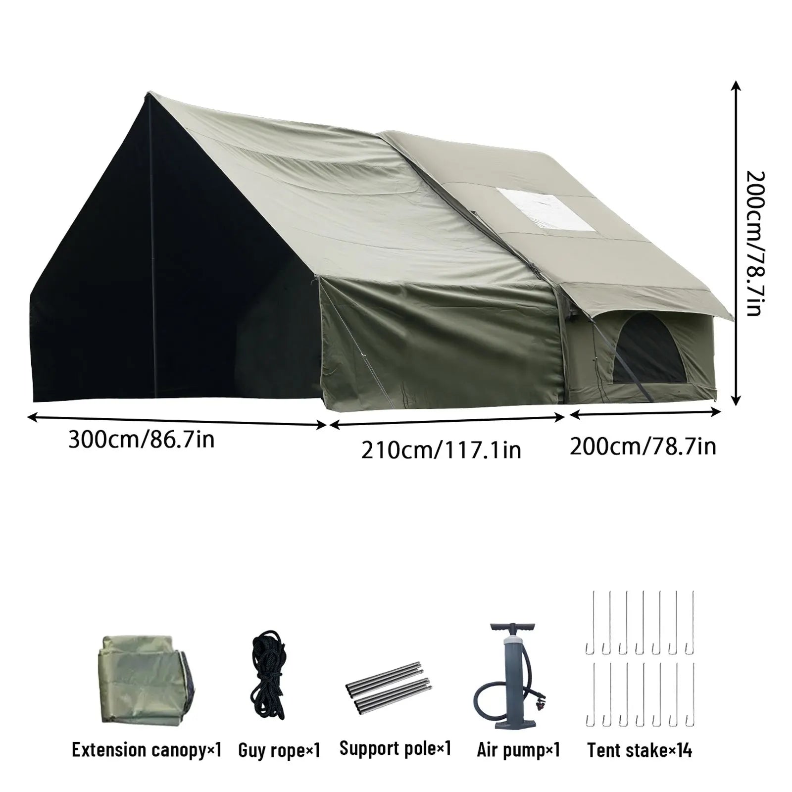 Dark Green Inflatable Camping Tent with Canopy, Large 4-6 Person, Waterproof, Heavy Duty Cabin Glamping Hiking Blow Up Tent with Awning Extension Porch and Air Pump - Image 3