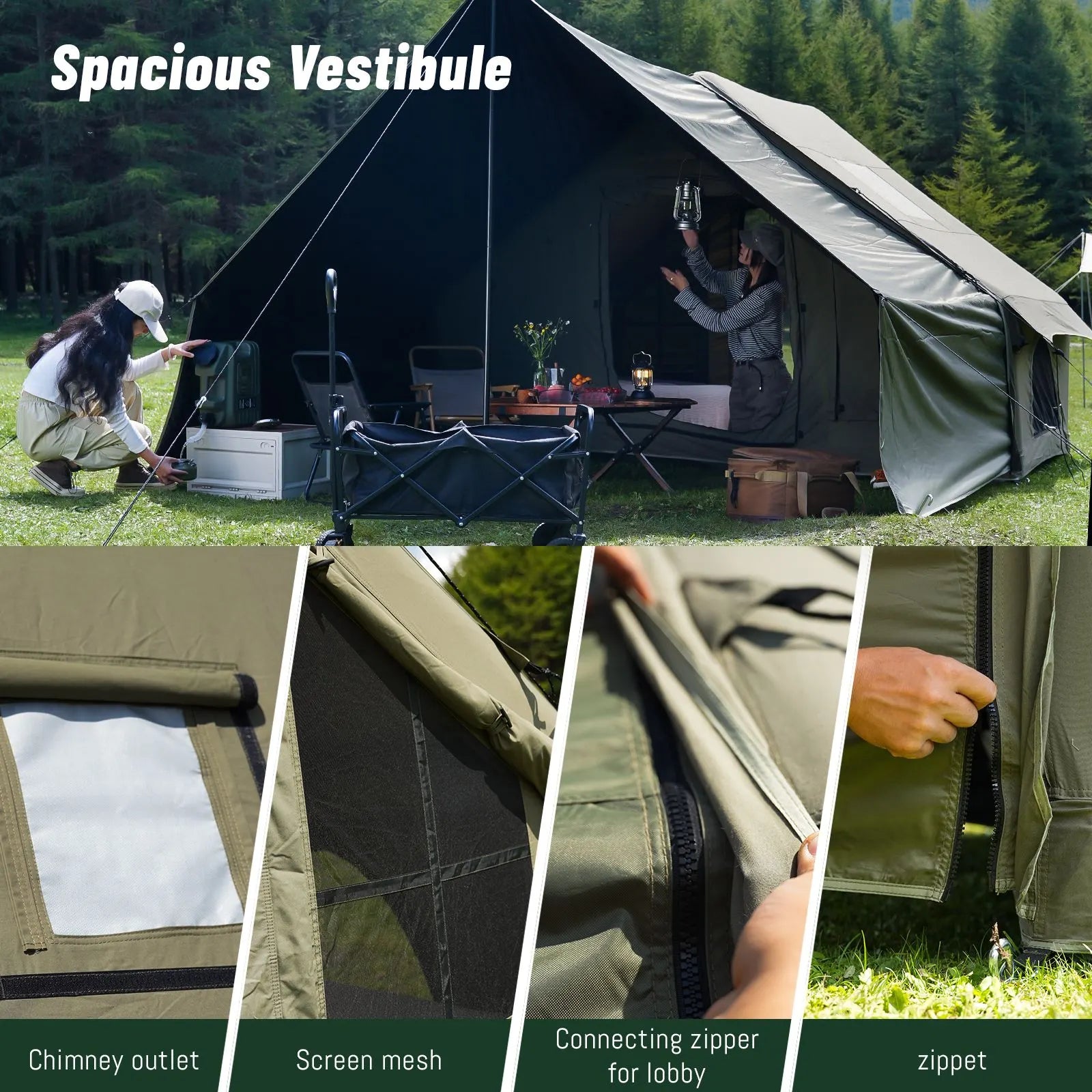 Dark Green Inflatable Camping Tent with Canopy, Large 4-6 Person, Waterproof, Heavy Duty Cabin Glamping Hiking Blow Up Tent with Awning Extension Porch and Air Pump - Image 8