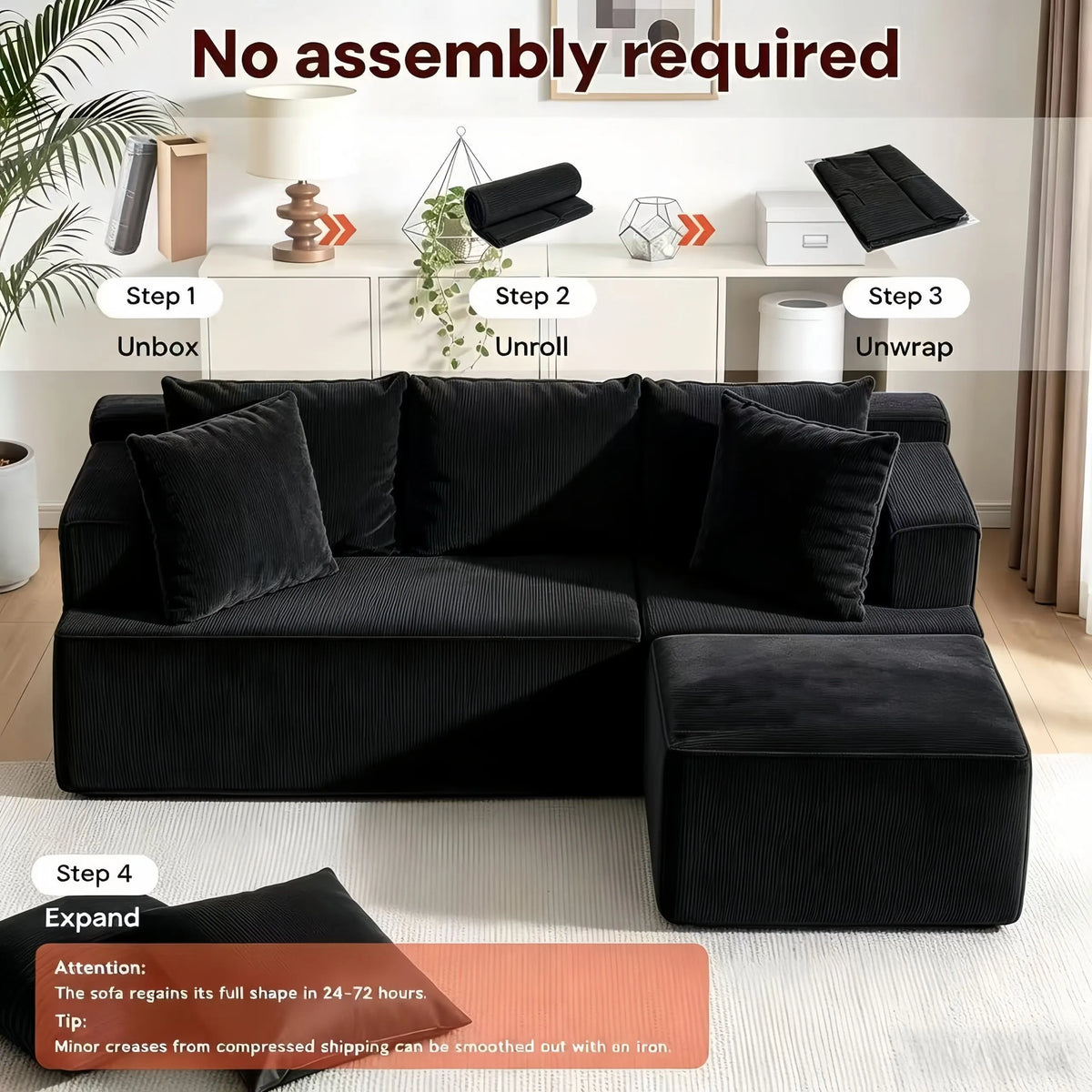 Couch Modular Sectional 3 Seater Sofa L-Shaped Black,81" Boneless Sofa Bed, Deep Seat and Side Pockets,Breathable Cheneille, High Density Pure Sponge,No Assembly Needed - Image 4