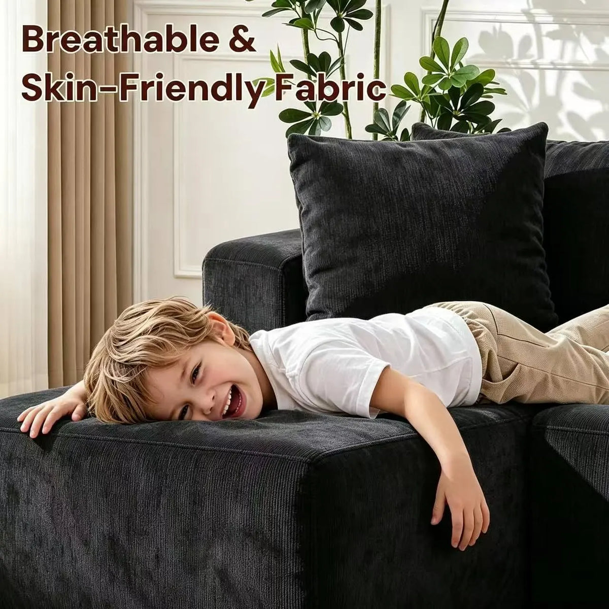 Couch Modular Sectional 3 Seater Sofa L-Shaped Black,81" Boneless Sofa Bed, Deep Seat and Side Pockets,Breathable Cheneille, High Density Pure Sponge,No Assembly Needed - Image 5
