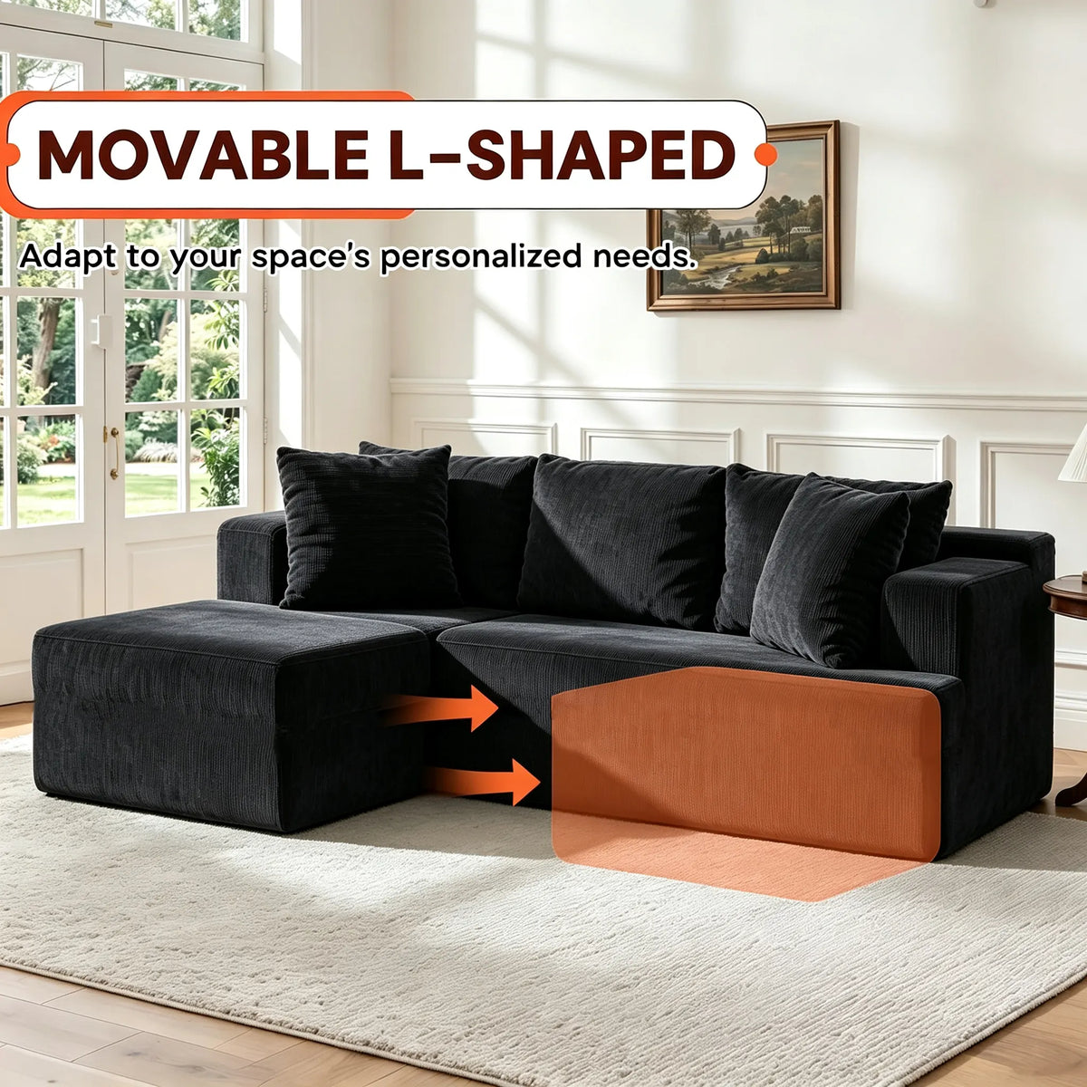 Couch Modular Sectional 3 Seater Sofa L-Shaped Black,81" Boneless Sofa Bed, Deep Seat and Side Pockets,Breathable Cheneille, High Density Pure Sponge,No Assembly Needed - Image 6