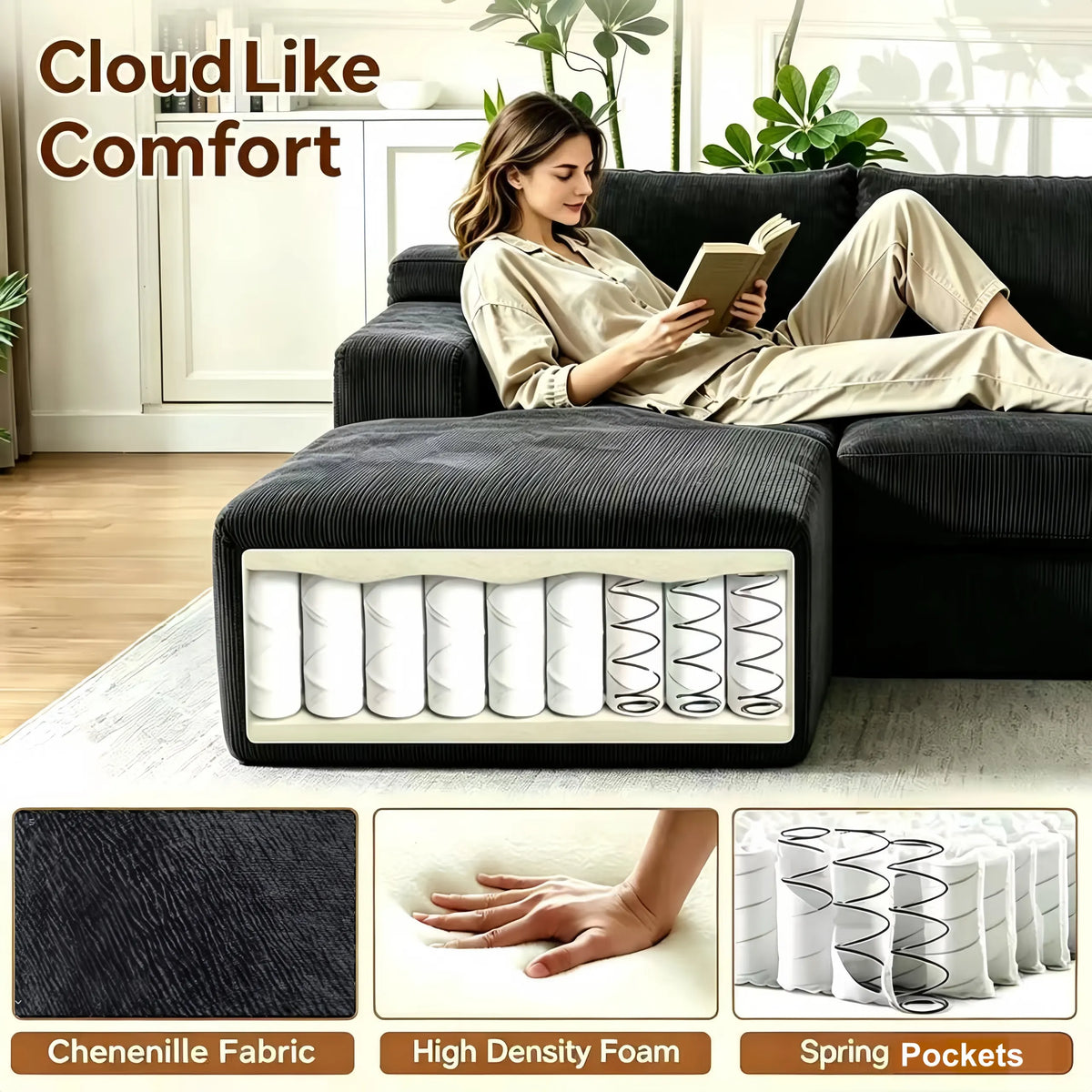 Couch Modular Sectional 3 Seater Sofa L-Shaped Black,81" Boneless Sofa Bed, Deep Seat and Side Pockets,Breathable Cheneille, High Density Pure Sponge,No Assembly Needed - Image 7
