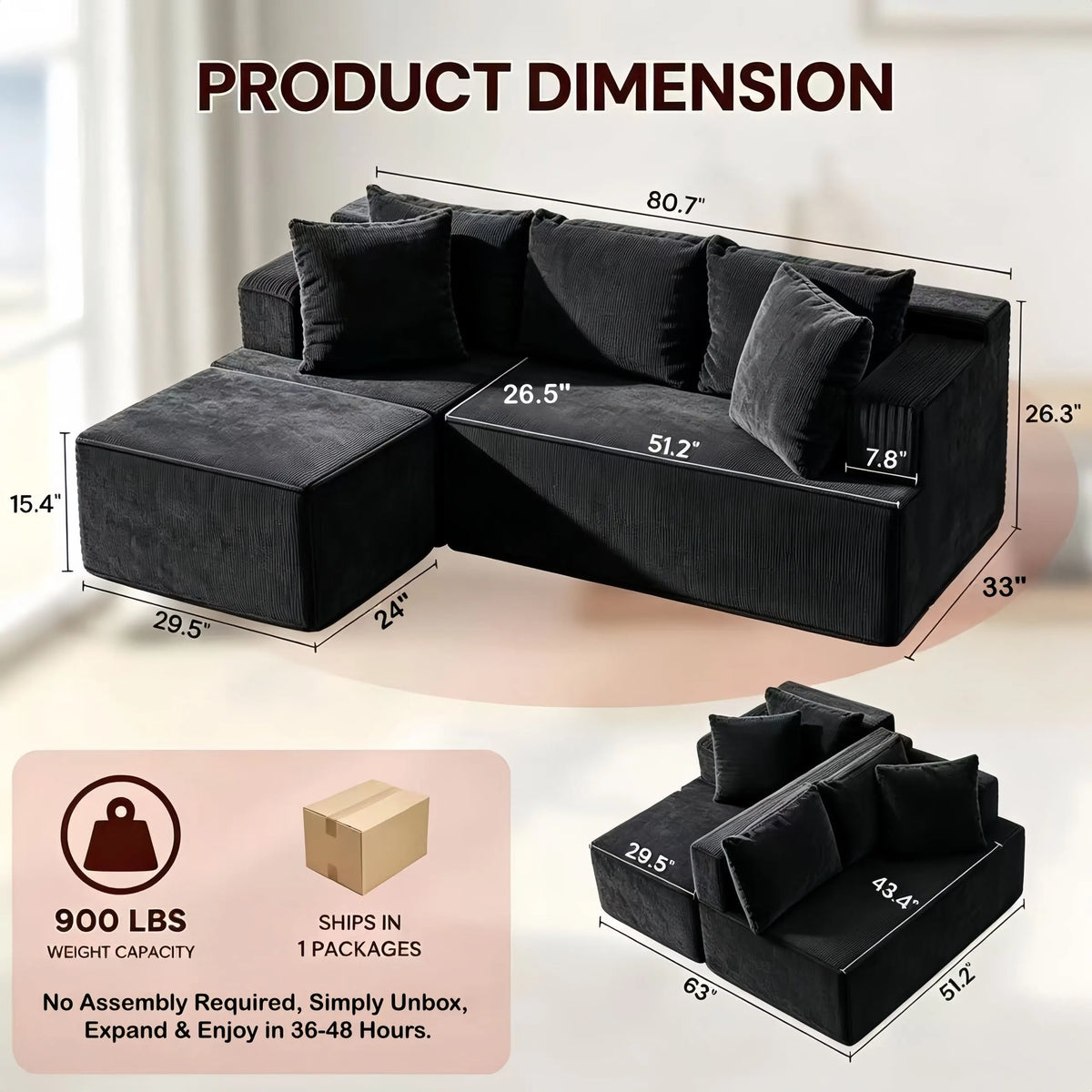 Couch Modular Sectional 3 Seater Sofa L-Shaped Black,81" Boneless Sofa Bed, Deep Seat and Side Pockets,Breathable Cheneille, High Density Pure Sponge,No Assembly Needed - Image 8
