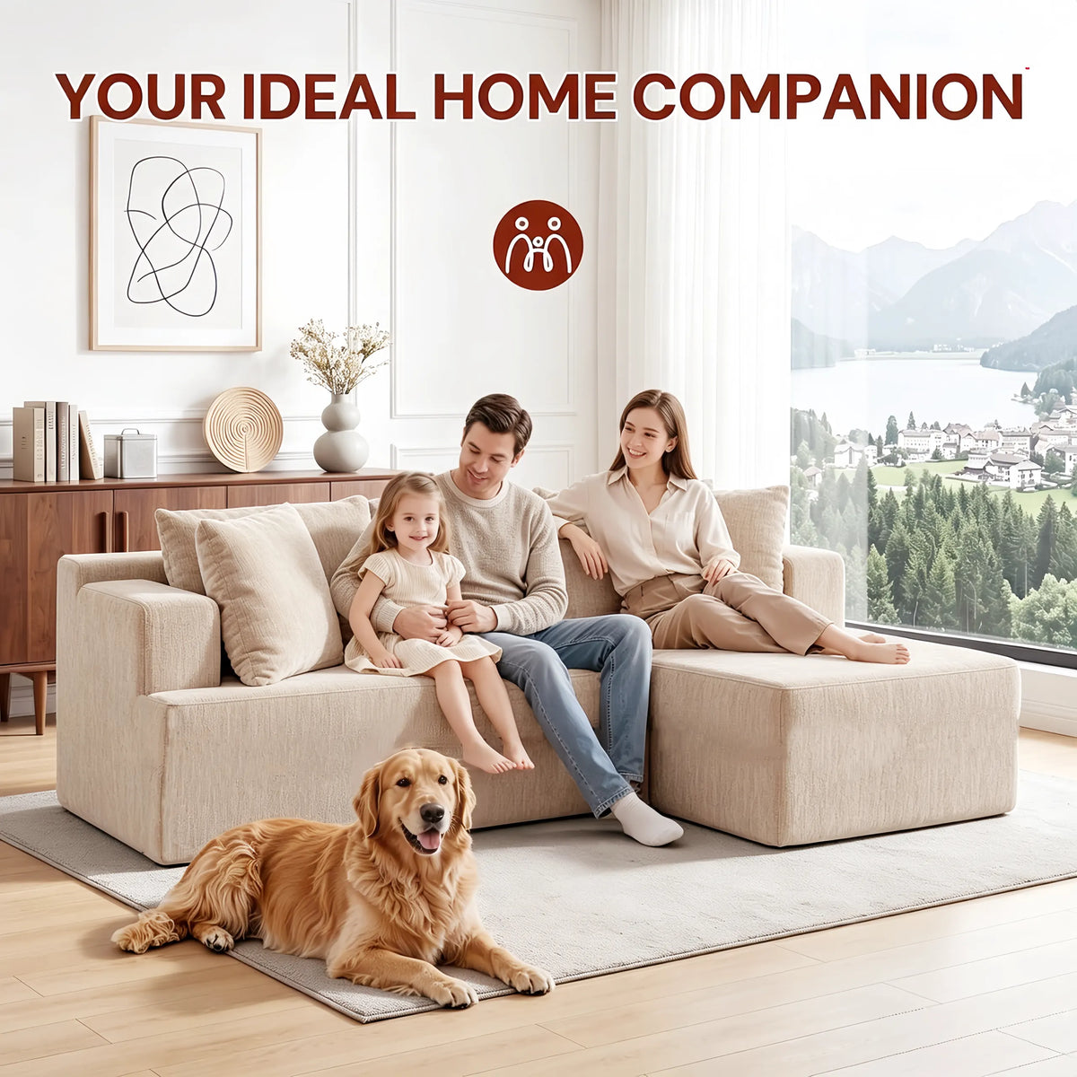 Couch Modular Sectional 3 Seater Sofa L-Shaped Khaki，81" Boneless Sofa Bed, Deep Seat and Side Pockets,Breathable Cheneille, High Density Pure Sponge,No Assembly Needed - Image 2