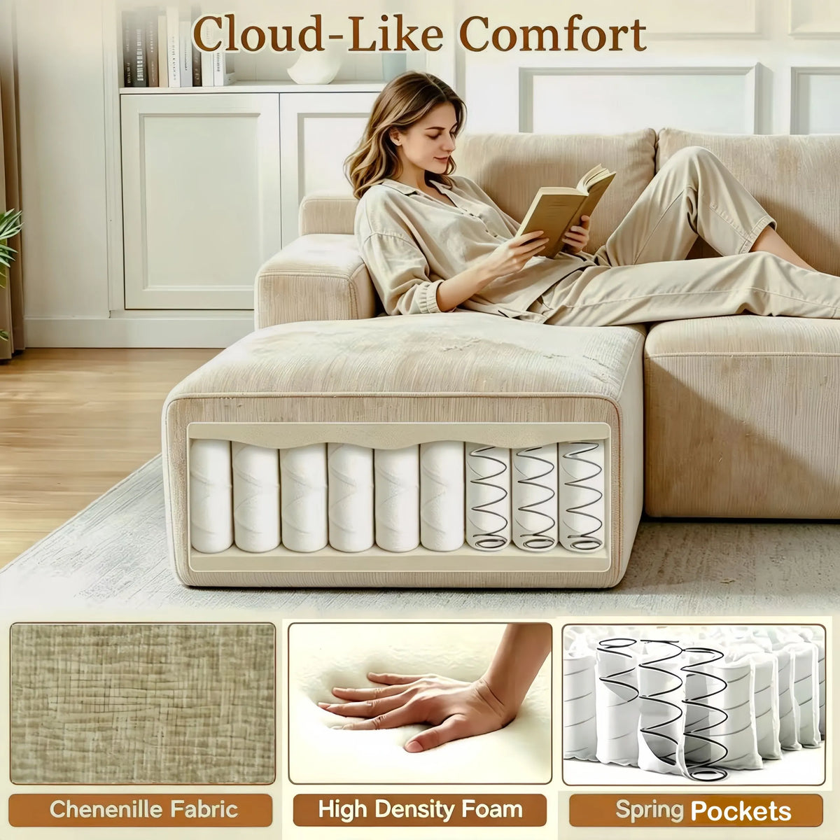 Couch Modular Sectional 3 Seater Sofa L-Shaped Khaki，81" Boneless Sofa Bed, Deep Seat and Side Pockets,Breathable Cheneille, High Density Pure Sponge,No Assembly Needed - Image 3