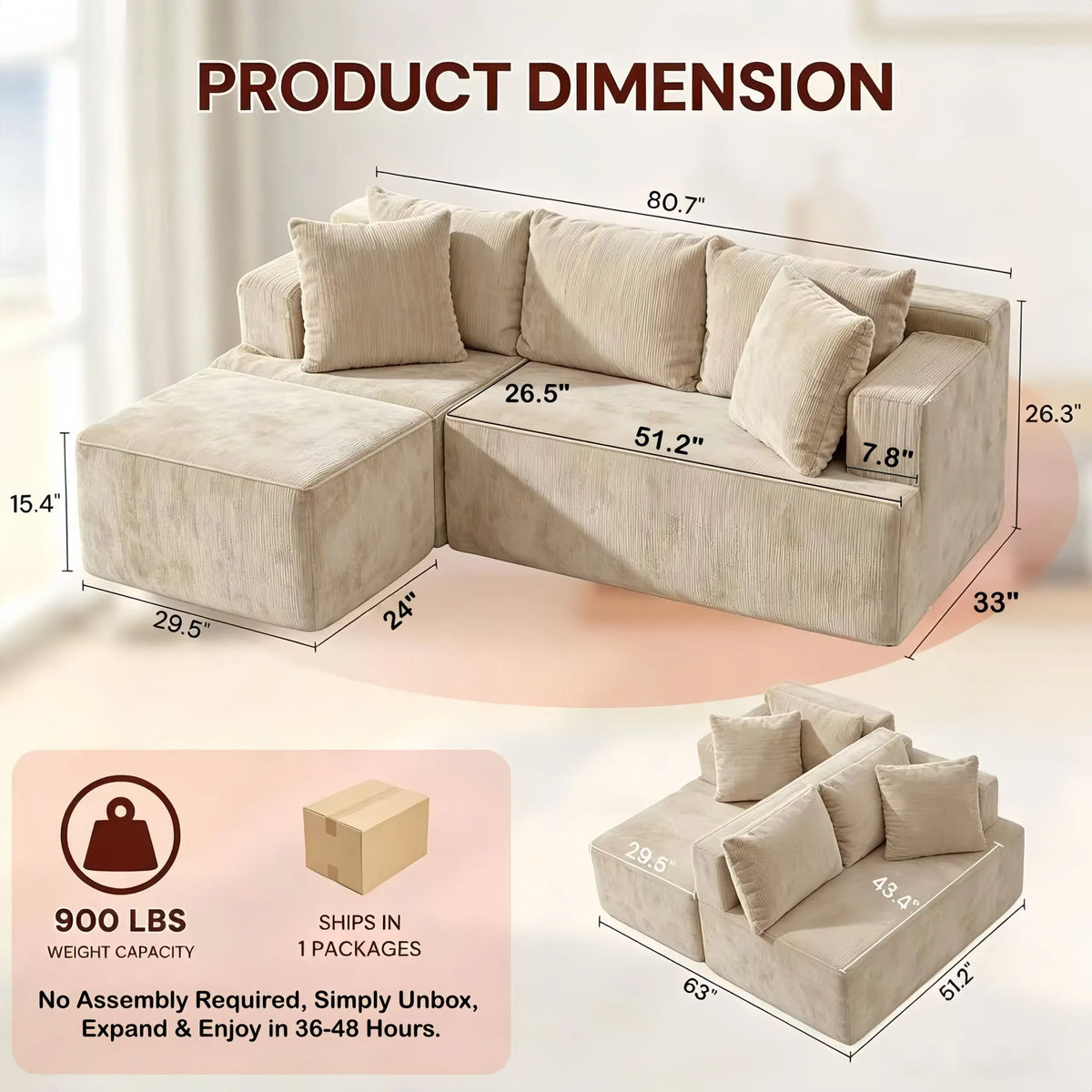 Couch Modular Sectional 3 Seater Sofa L-Shaped Khaki，81" Boneless Sofa Bed, Deep Seat and Side Pockets,Breathable Cheneille, High Density Pure Sponge,No Assembly Needed - Image 7