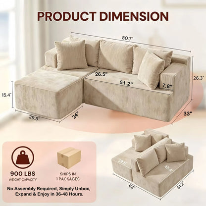 Couch Modular Sectional 3 Seater Sofa L-Shaped Khaki，81" Boneless Sofa Bed, Deep Seat and Side Pockets,Breathable Cheneille, High Density Pure Sponge,No Assembly Needed - Image 7
