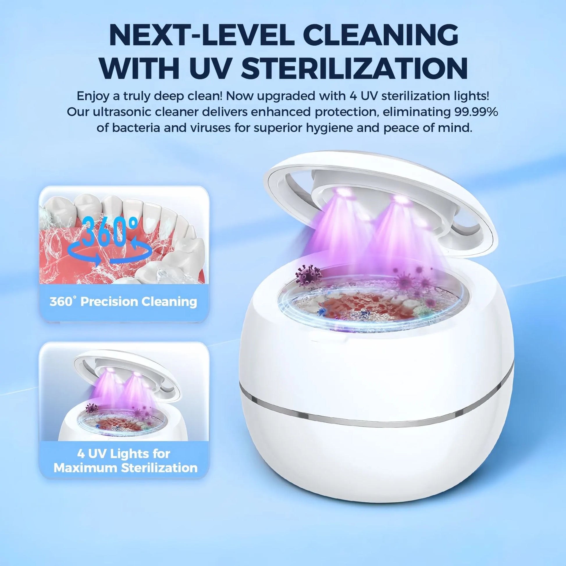 Ultrasonic Retainer Cleaner, 42kHz Portable UV Denture Cleaner for Dentures Aligner Mouth Guard Denture Toothbrush Heads, Jewelry, Glasses with 180ML Capacity - Image 3