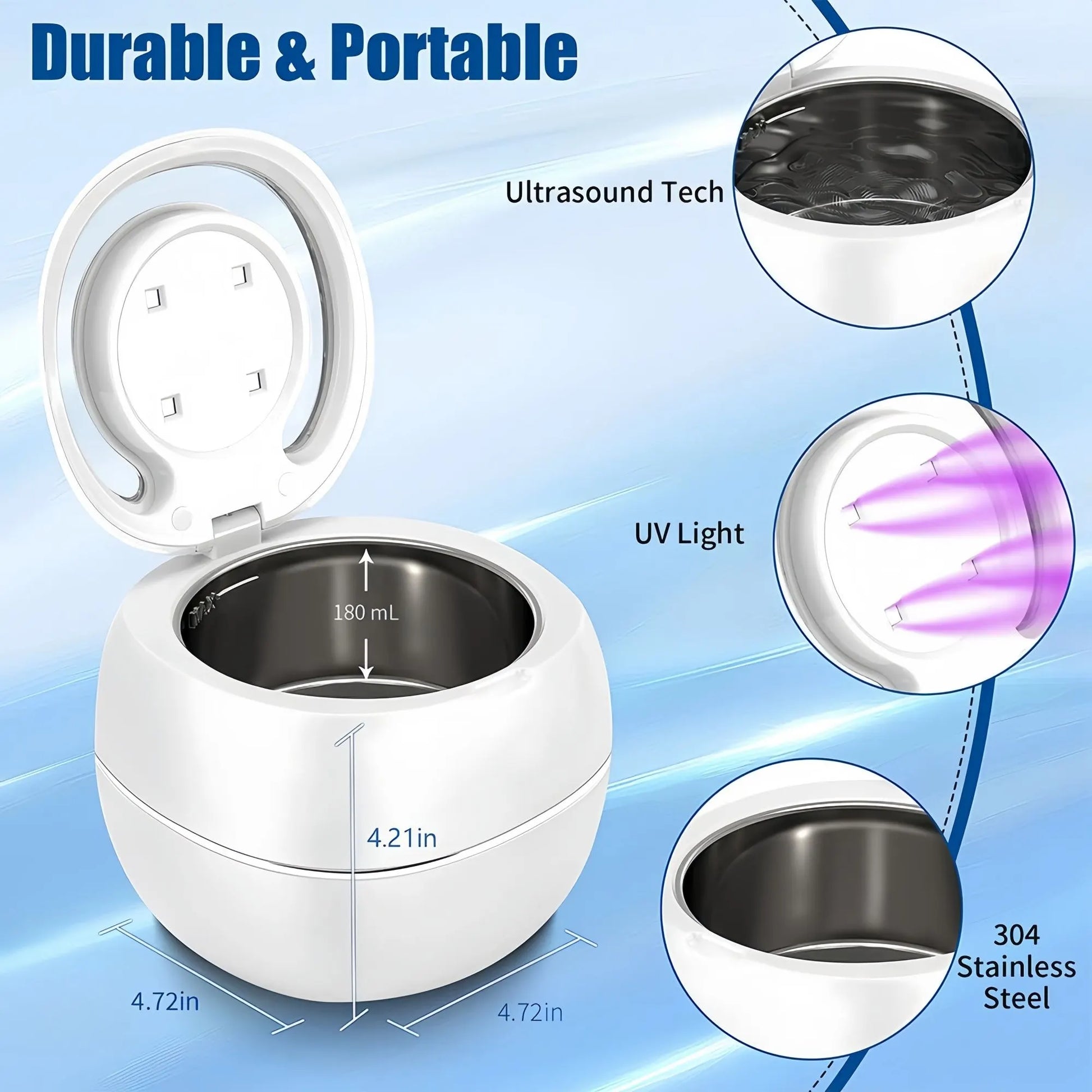 Ultrasonic Retainer Cleaner, 42kHz Portable UV Denture Cleaner for Dentures Aligner Mouth Guard Denture Toothbrush Heads, Jewelry, Glasses with 180ML Capacity - Image 4