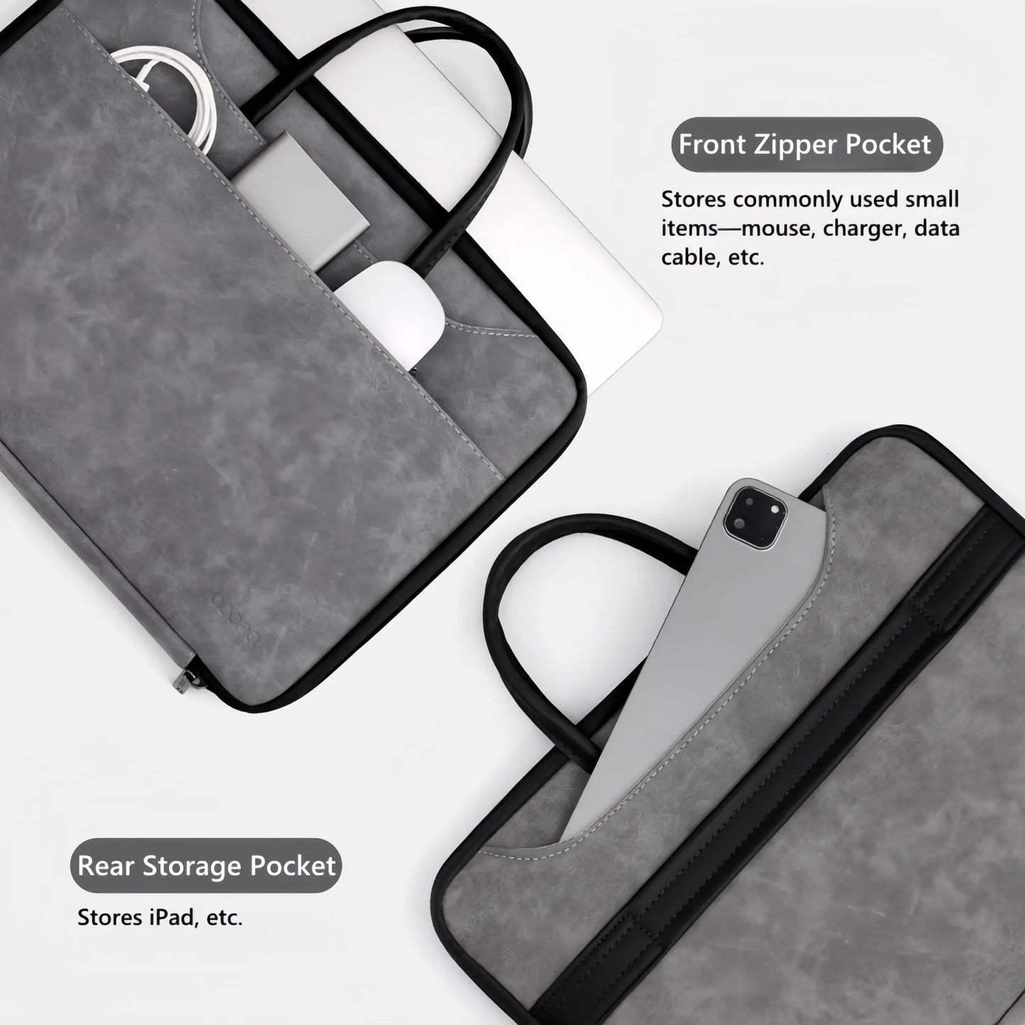 14 Inch PU Leather Laptop Bag, Portable Waterproof Laptop Case, Full Opening and Closing Sleeve Handbag, Briefcase for MacBook Air, Ipad, Business Travel - Image 3