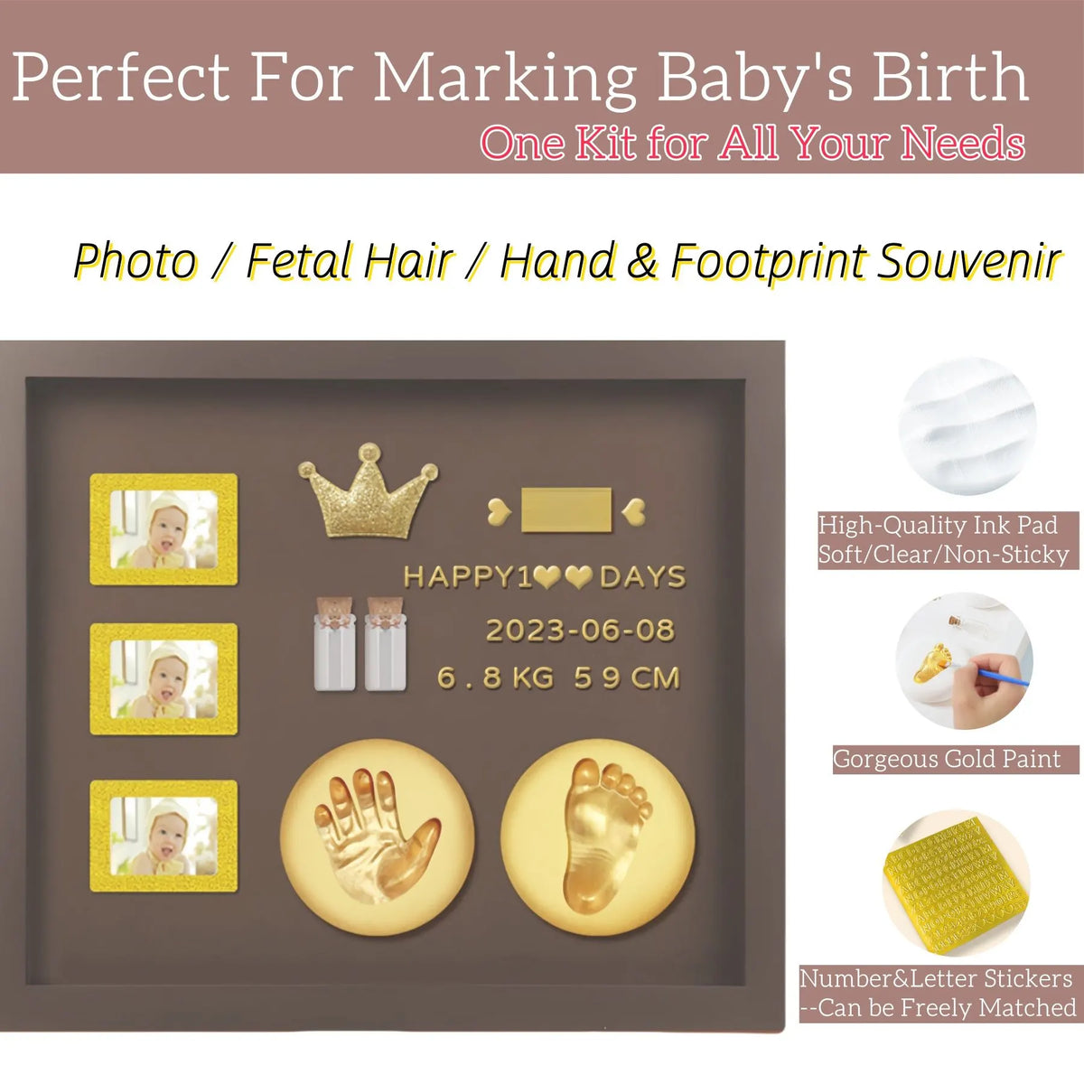 Baby Hand and Footprint Kit with 3 Photo Slots, Golden Ink Pad & Number/Letter Stickers, Non-Toxic Newborn Gift Set for Baby Shower, Nursery Decor, Keepsake Memory Frame - Image 2