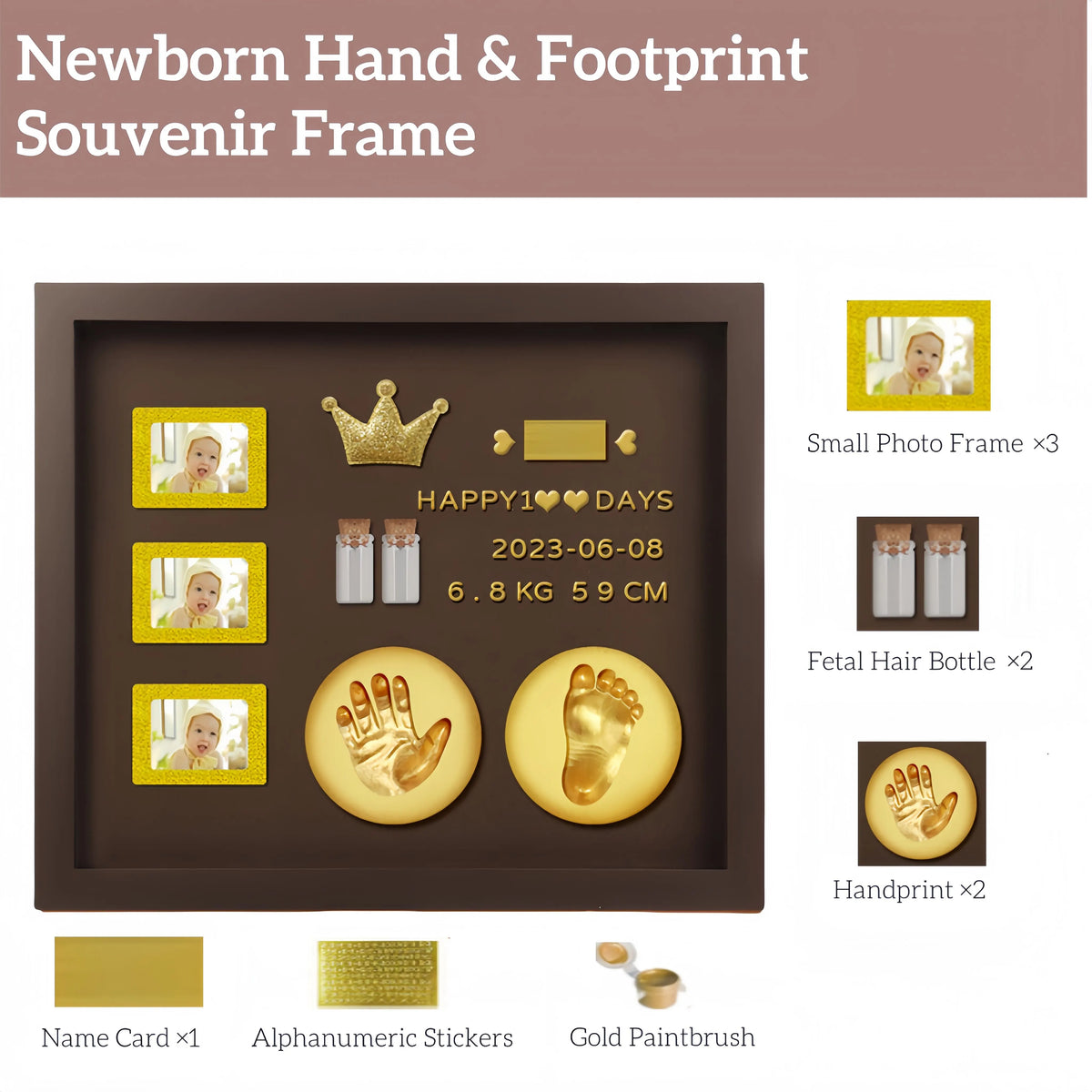 Baby Hand and Footprint Kit with 3 Photo Slots, Golden Ink Pad & Number/Letter Stickers, Non-Toxic Newborn Gift Set for Baby Shower, Nursery Decor, Keepsake Memory Frame - Image 3