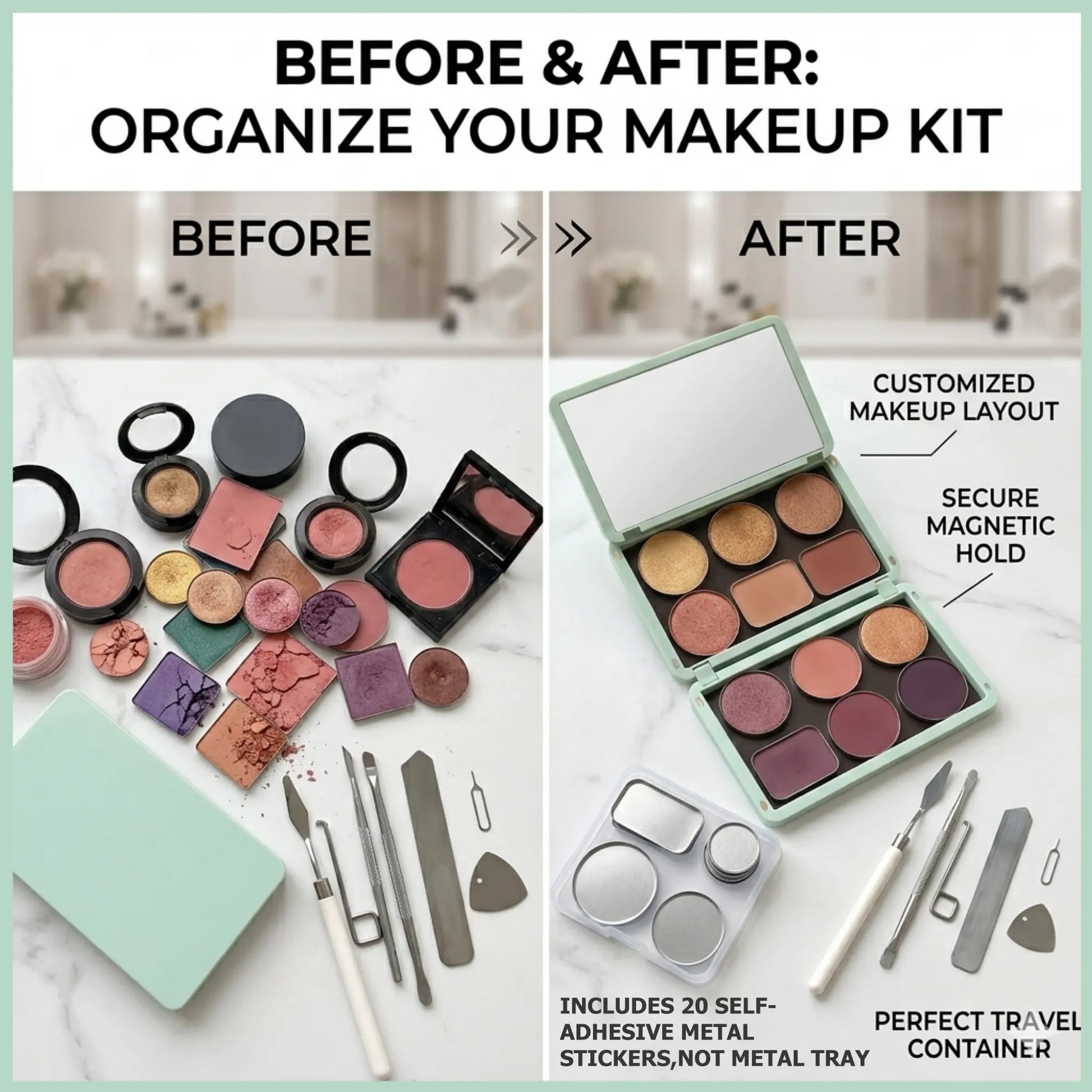 Portable Magnetic Makeup Palette With Mirror, Double-sided Folding, Refillable Eyeshadow Palette with Lid, DIY Eyeshadow Pan Dispensing Storage Box for Lipstick Blush Powder - Image 3