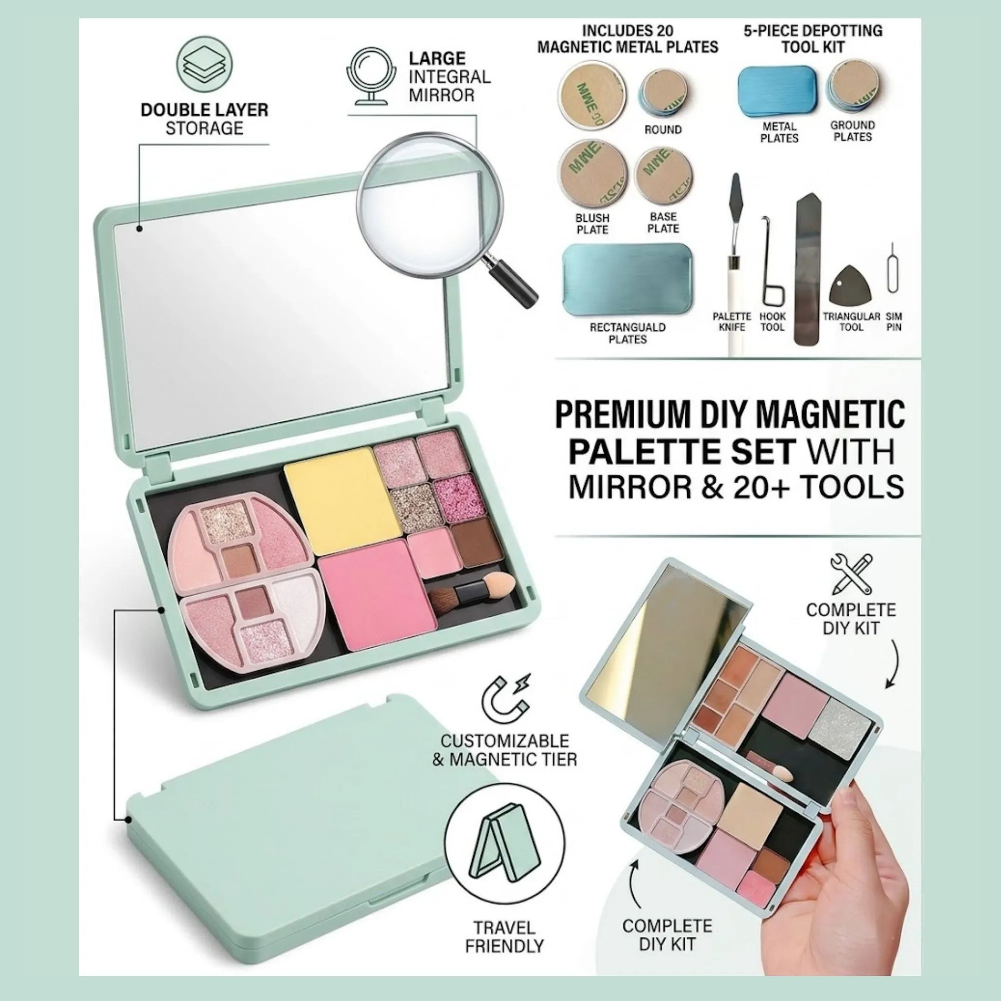 Portable Magnetic Makeup Palette With Mirror, Double-sided Folding, Refillable Eyeshadow Palette with Lid, DIY Eyeshadow Pan Dispensing Storage Box for Lipstick Blush Powder - Image 4
