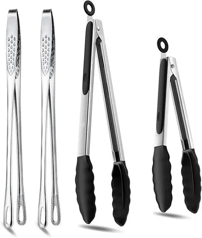 4 Pcs Kitchen Tongs Stainless Steel Set-9" & 12" Tong with Non Slip Silicone Tips and Grip, 11" Stainless Steel Cooking Tongs, Heat Resistant Kitchen Utensils for Cooking Baking Buffet