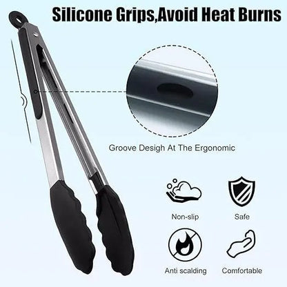 4 Pcs Kitchen Tongs Stainless Steel Set-9" & 12" Tong with Non Slip Silicone Tips and Grip, 11" Stainless Steel Cooking Tongs, Heat Resistant Kitchen Utensils for Cooking Baking Buffet - Image 7