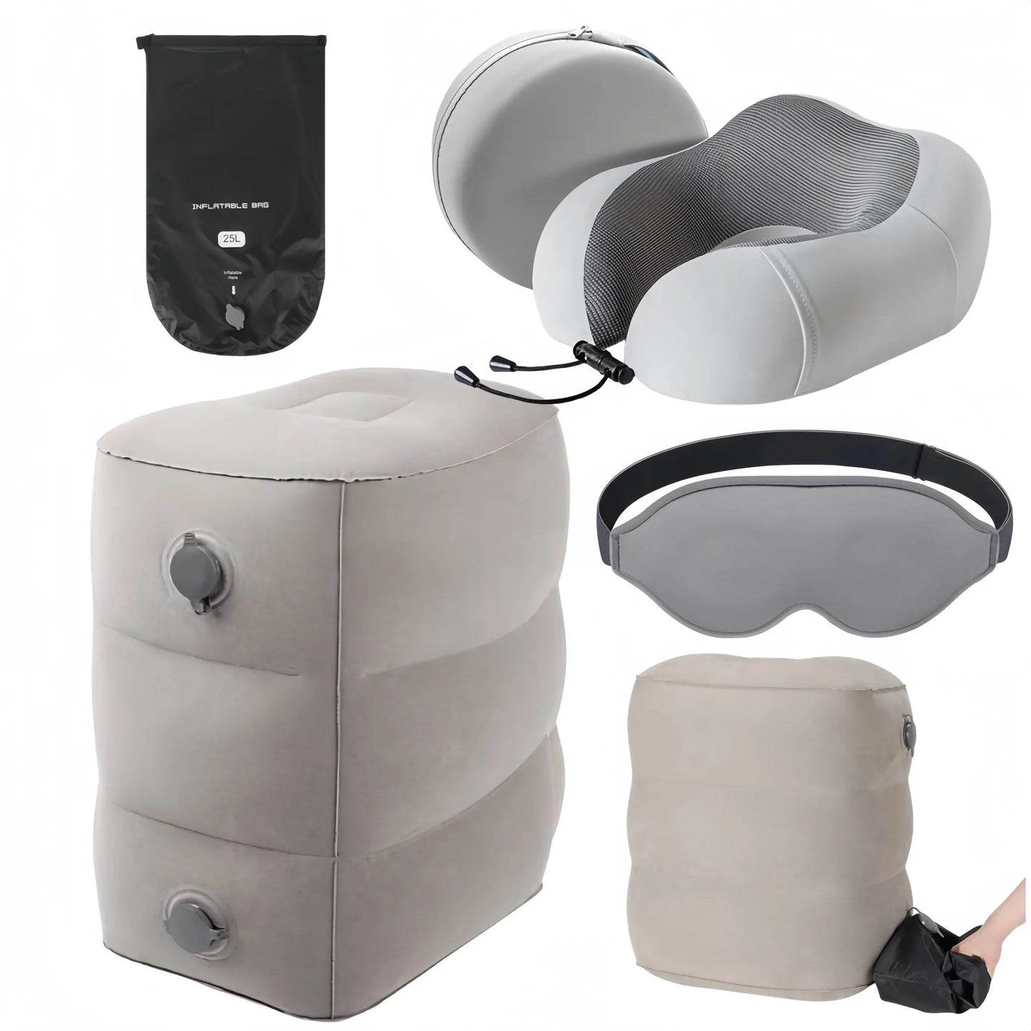 3 Pack Travel Essentials – Travel Pillow, Inflatable Foot Rest & Sleep Mask with Storage Bag, Airplane Travel Accessories Kit for Kids & Adults