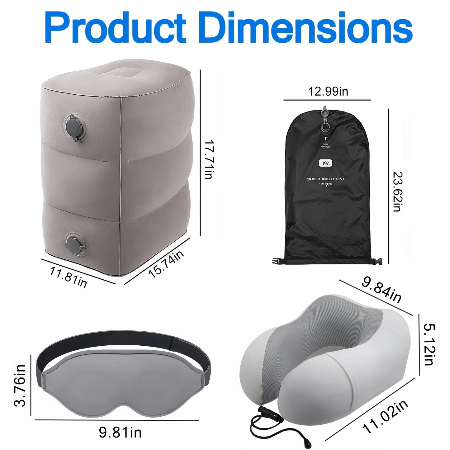 3 Pack Travel Essentials – Travel Pillow, Inflatable Foot Rest & Sleep Mask with Storage Bag, Airplane Travel Accessories Kit for Kids & Adults - Image 2