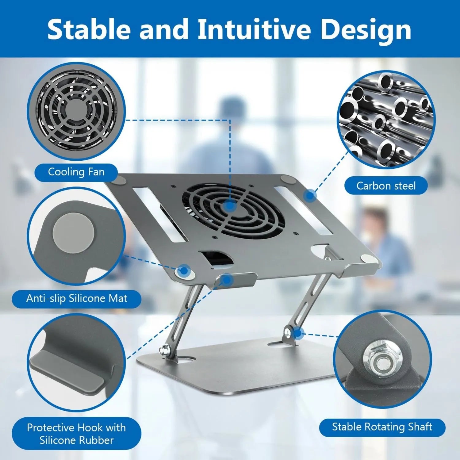 Ergonomic Adjustable Laptop Stand with Cooler,6”Laptops Notebook Alloy Riser Holder Computer Stand Compatible with Dell,Hp,Pad,Air Pro - Image 2