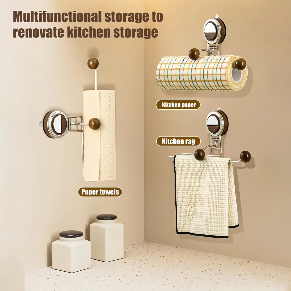 Kitchen Holder Wall Mounted,Suction Paper Installation,Adhesive Paper Towel Roll Rack for Bathroom, No Drilling Required,Multi Functional Metal Towel Bar Walnut - Image 2