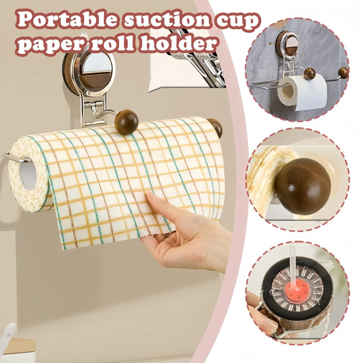 Kitchen Holder Wall Mounted,Suction Paper Installation,Adhesive Paper Towel Roll Rack for Bathroom, No Drilling Required,Multi Functional Metal Towel Bar Walnut - Image 4
